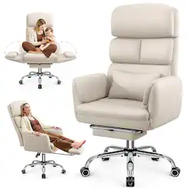 KERDOM - Big Tall Desk Chair with Reversible Arms, PU Leather Executive Manager Boss Chair with Lifting Headrest & Lumbar Pillow - Beige
