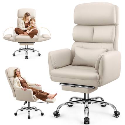 Front. KERDOM - Big Tall Desk Chair with Reversible Arms, PU Leather Executive Manager Boss Chair with Lifting Headrest & Lumbar Pillow - Beige.
