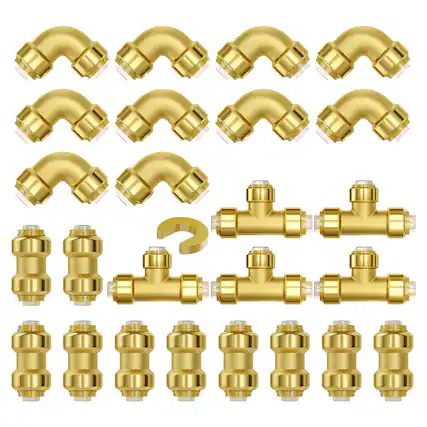 Front. VEVOR - Pipe Fittings, 1/2" 25PCS (10xStraight, 10xElbows, 5xTees) Brass Pipe Fittings, Push-Fit Pipe Connector Brass Air - Brass color.