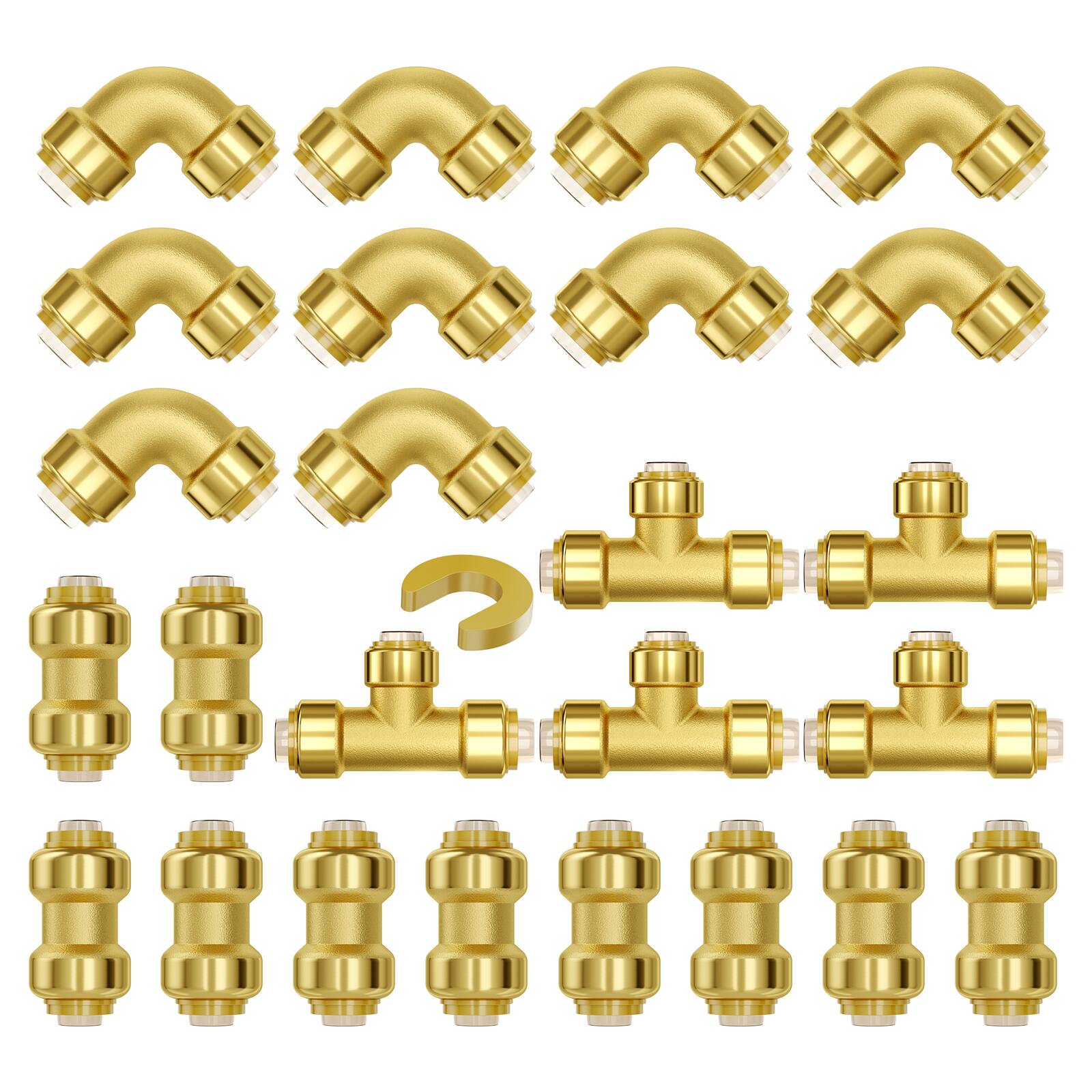 Front. VEVOR - Pipe Fittings, 1/2" 25PCS (10xStraight, 10xElbows, 5xTees) Brass Pipe Fittings, Push-Fit Pipe Connector Brass Air - Brass color.