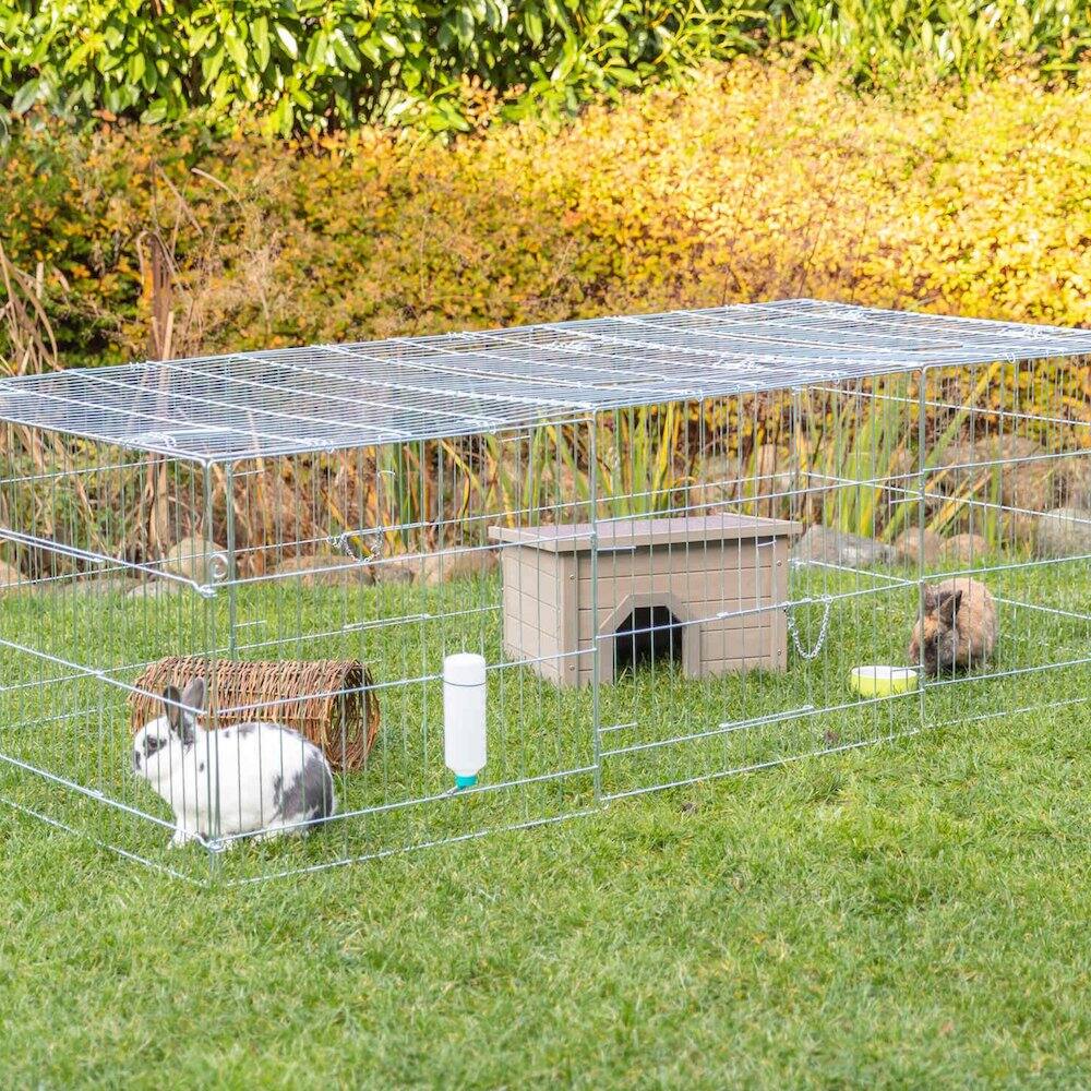 Left. TRIXIE - Enclosed Outdoor Ft. Galvanized Metal Animal Cage with 5 Doors - Silver.