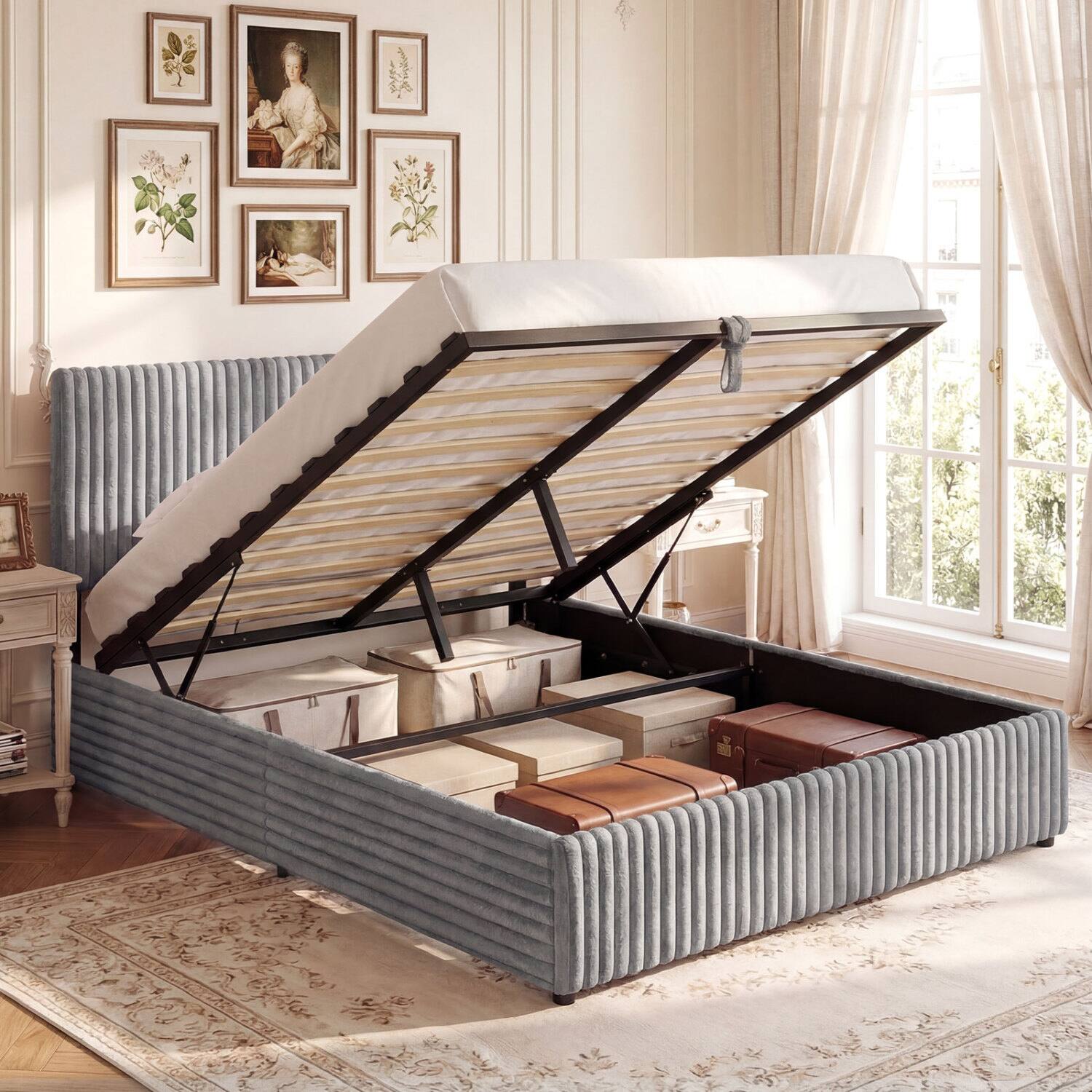 Front. LUCKY ONE - Queen Assembled Lift-up Storage Bed with Corduroy Upholstered Headboard Wooden Slats 600 lbs - Gray.