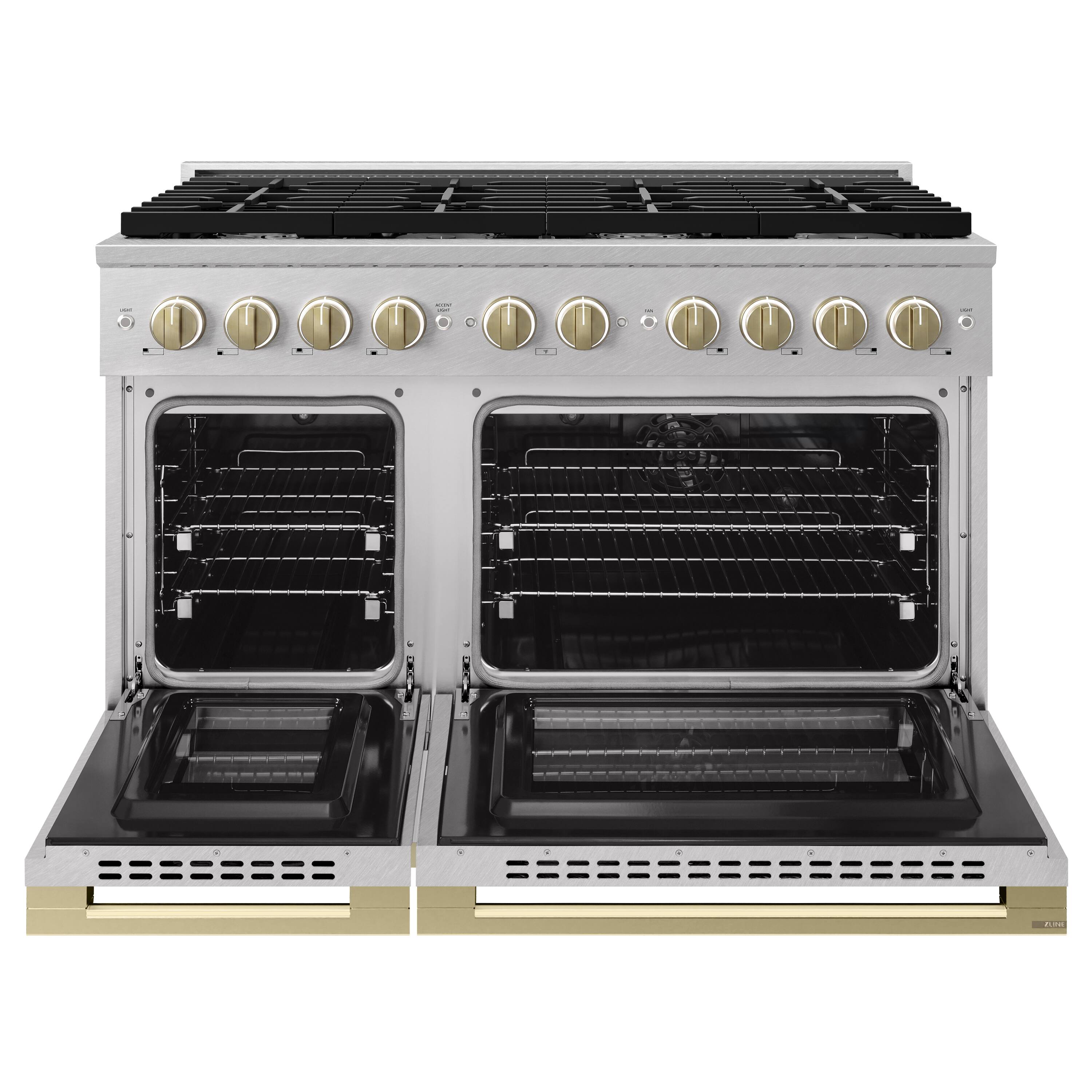 Angle. ZLINE - Autograph 48 in. 6.7 cu. ft. Marino Dual Fuel Freestanding Range with 8 Gas Burners in Satin Steel with Bronze Accents - Satin Stainless Steel.