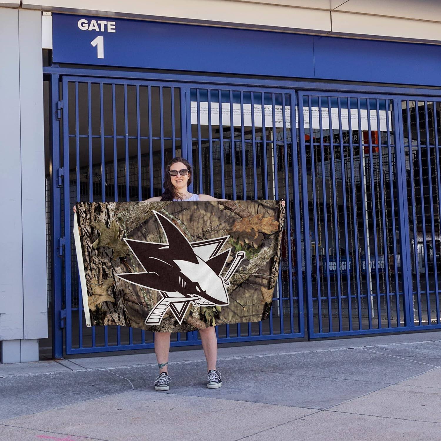 Alt View 3. Rico Industries - San Jose Sharks Bold Mossy Oak Camo Design 3x5 Indoor/Outdoor Banner Flag - Multi.