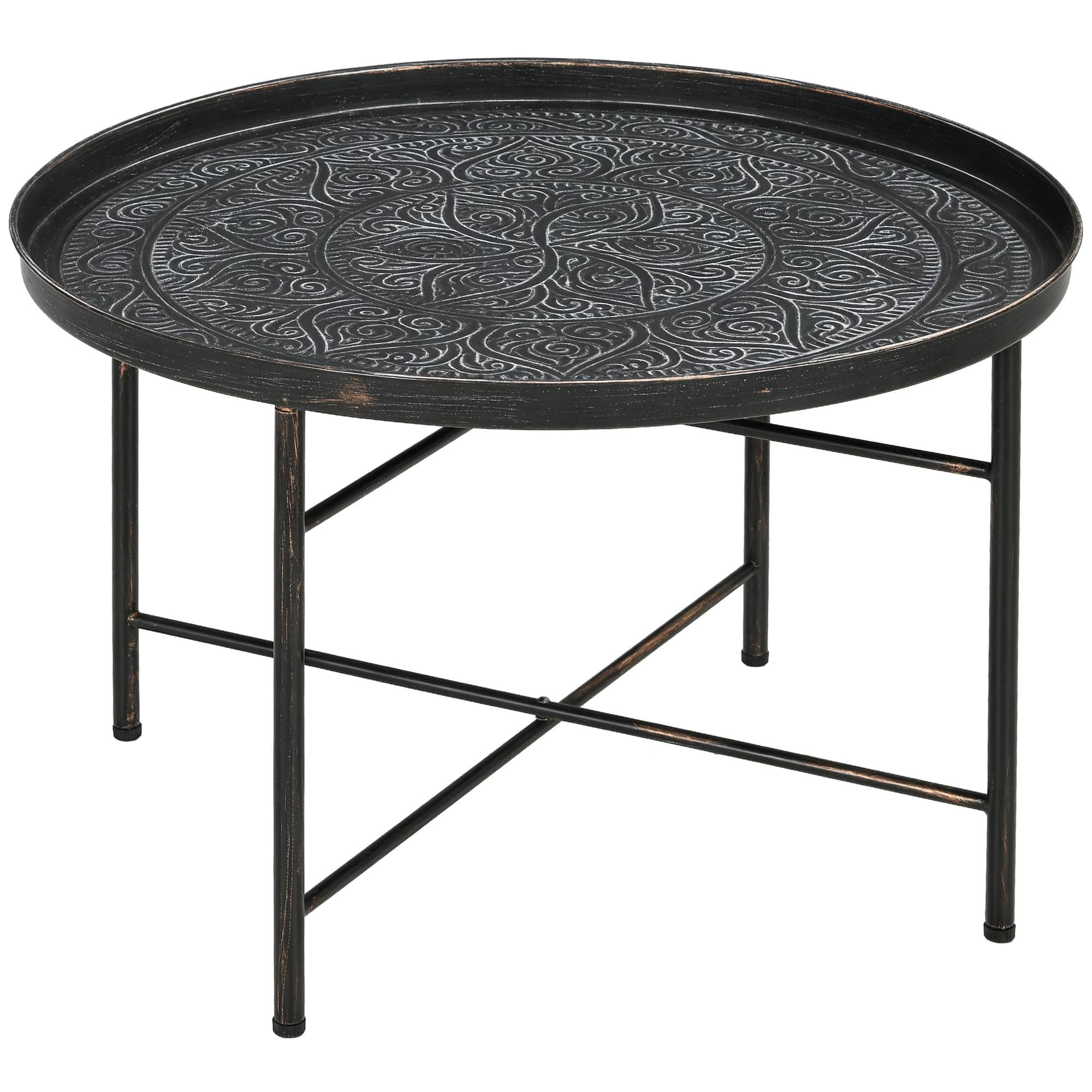 Homcom - 24" Round Coffee Table with Hammered Tray Top, Vintage Metal Center Table for Living Room, Bedroom, Side Table - Pewter