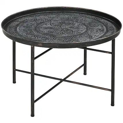 Front. Homcom - 24" Round Coffee Table with Hammered Tray Top, Vintage Metal Center Table for Living Room, Bedroom, Side Table, Pewter - Pewter.
