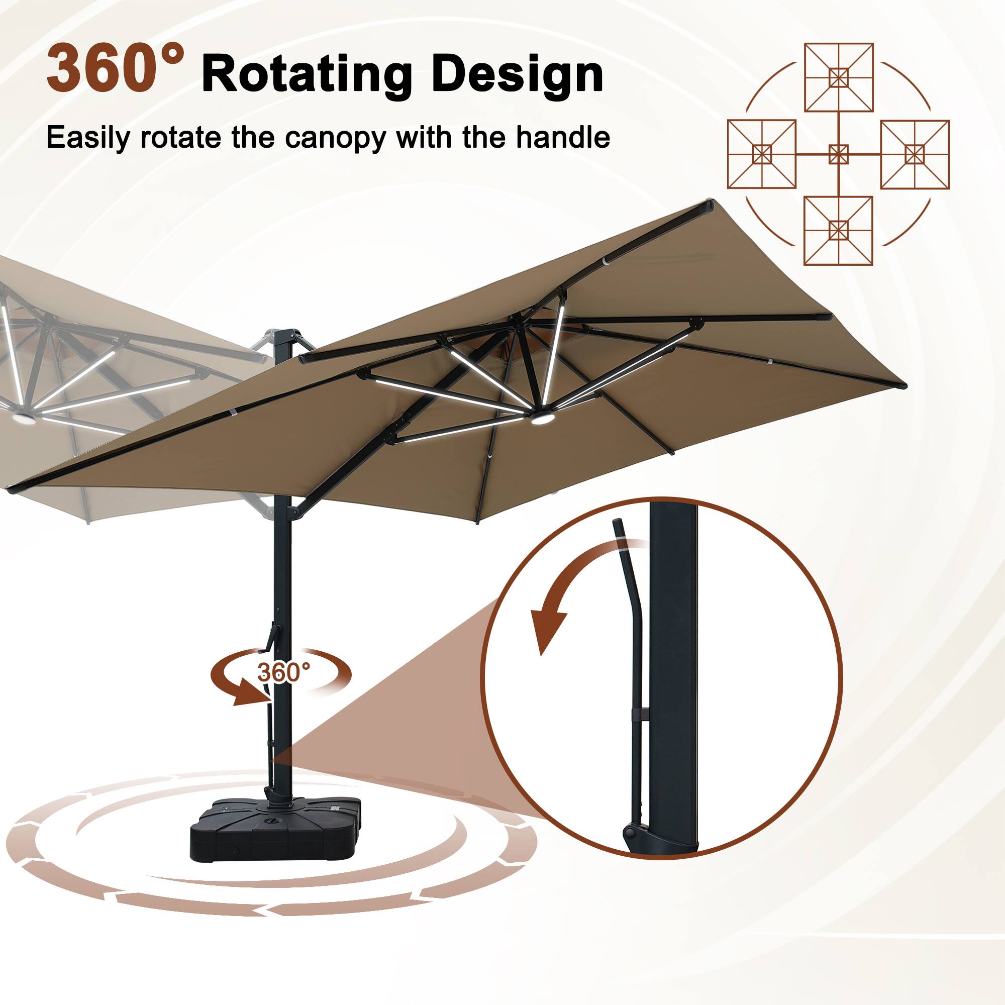 360° Rotating Design  
Easily rotate the canopy with the handle