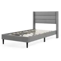 Costway Twin Bed Frame with Wingback Headboard Linen Upholstered Platform Bed - Grey - Front_Zoom