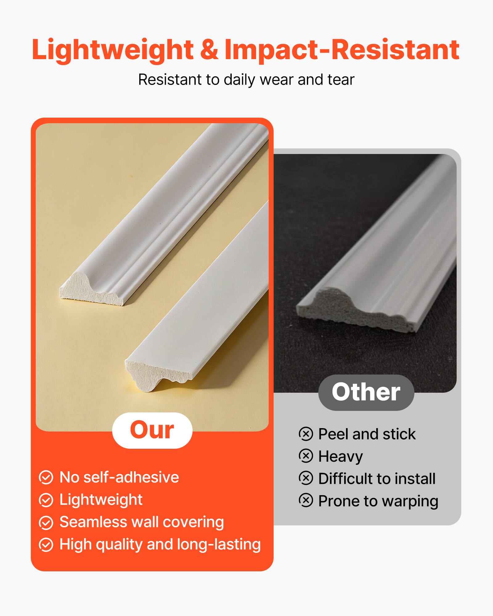 Lightweight & Impact-Resistant  
Resistant to daily wear and tear  

Our  
- No self-adhesive  
- Lightweight  
- Seamless wall covering  
- High quality and long-lasting  

Other  
- Peel and stick  
- Heavy  
- Difficult to install  
- Prone to warping