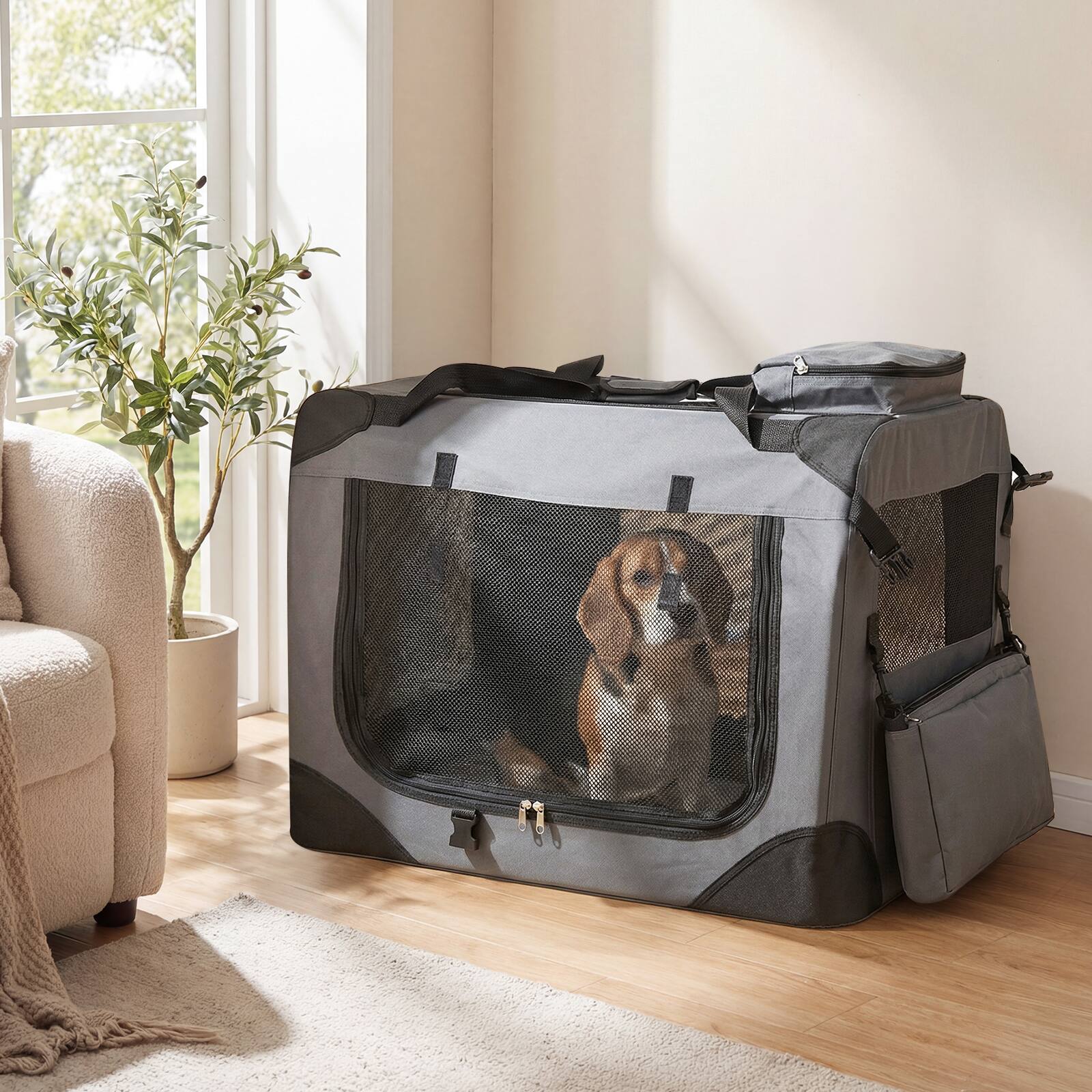 Alt View 1. Gymax - Gymax 28'' Collapsible Soft Dog CratePortable Dog Travel Crate w/Mesh Windows 3 Doors - Gray.
