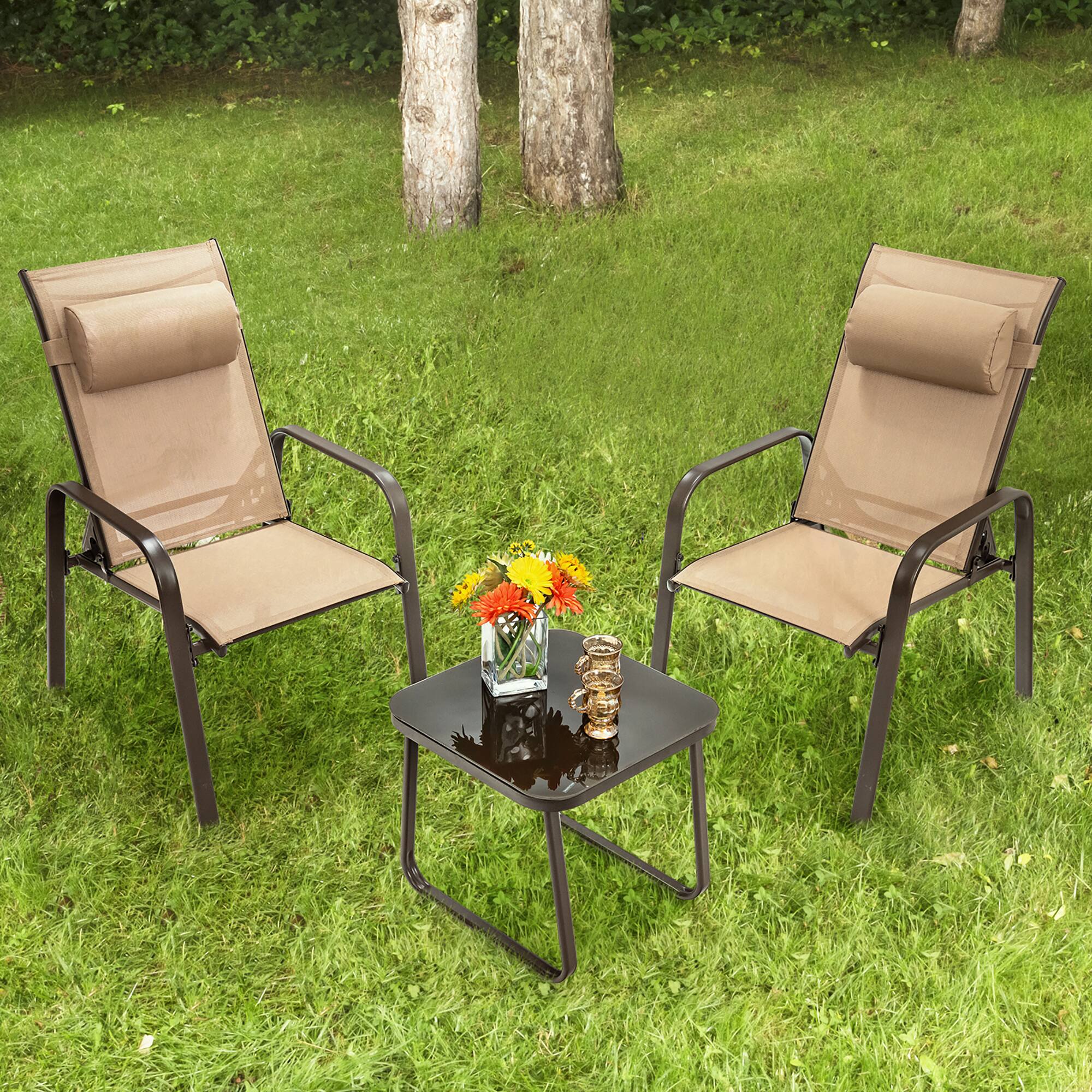 Alt View 1. Costway - Costway 3PCS Patio Bistro Furniture Set Adjustable Back Stackable Chairs - Brown.