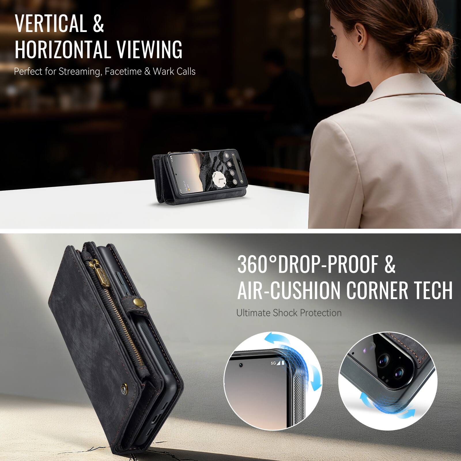 VERTICAL & HORIZONTAL VIEWING  
Perfect for Streaming, Facetime & Work Calls

360° DROP-PROOF & AIR-CUSHION CORNER TECH  
Ultimate Shock Protection