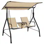 Front. Gymax - Gymax 2-Person Porch Swing Adjustable Canopy Swing Chair w/ Tempered Glass Table - Beige.