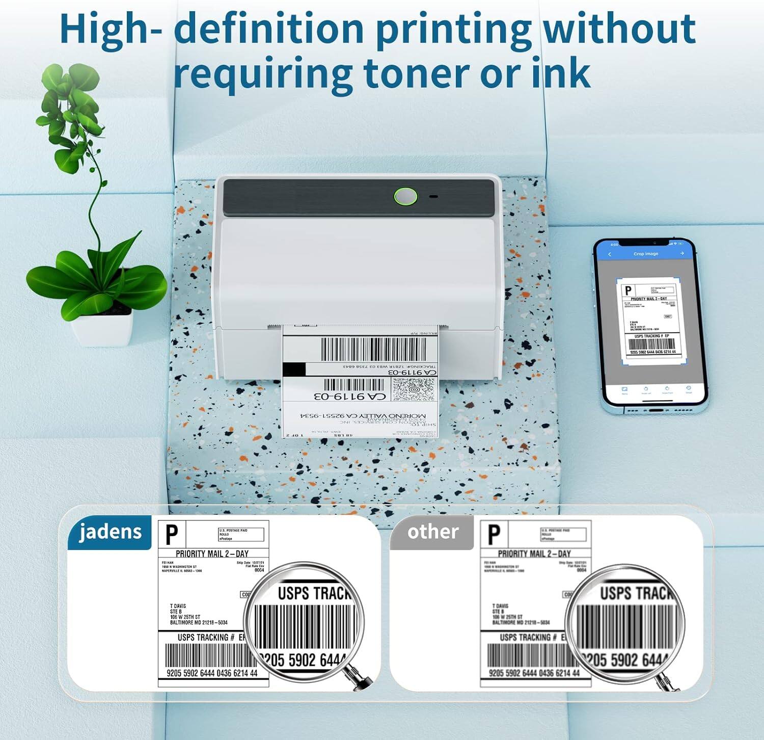 High-definition printing without requiring toner or ink

jaden's
PRIORITY MAIL 2-DAY
USPS TRACKING # E
205 5902 6444 5002 5444 0436 6214 44

other
PRIORITY MAIL 2-DAY
USPS TRACKING # E
205 5902 6444 5002 5444 0436 6214 44
