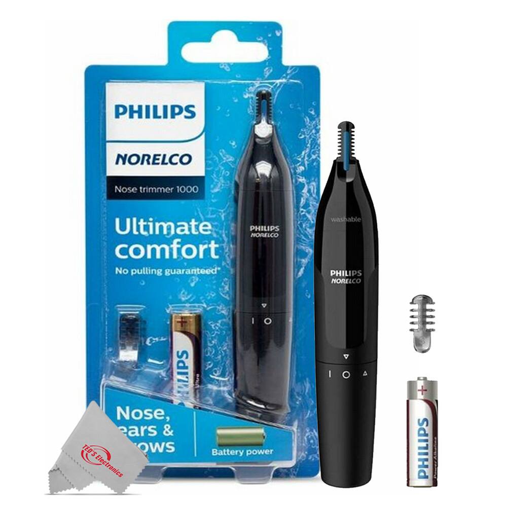 PHILIPS NORELCO Nose trimmer 1000 Ultimate  
PHILIPS NORELCO comfort  
No pulling guaranteed  
washable  
PHILIPS NORELCO  
Nose, ears & TEETH  
Battery power  
PHILIPS