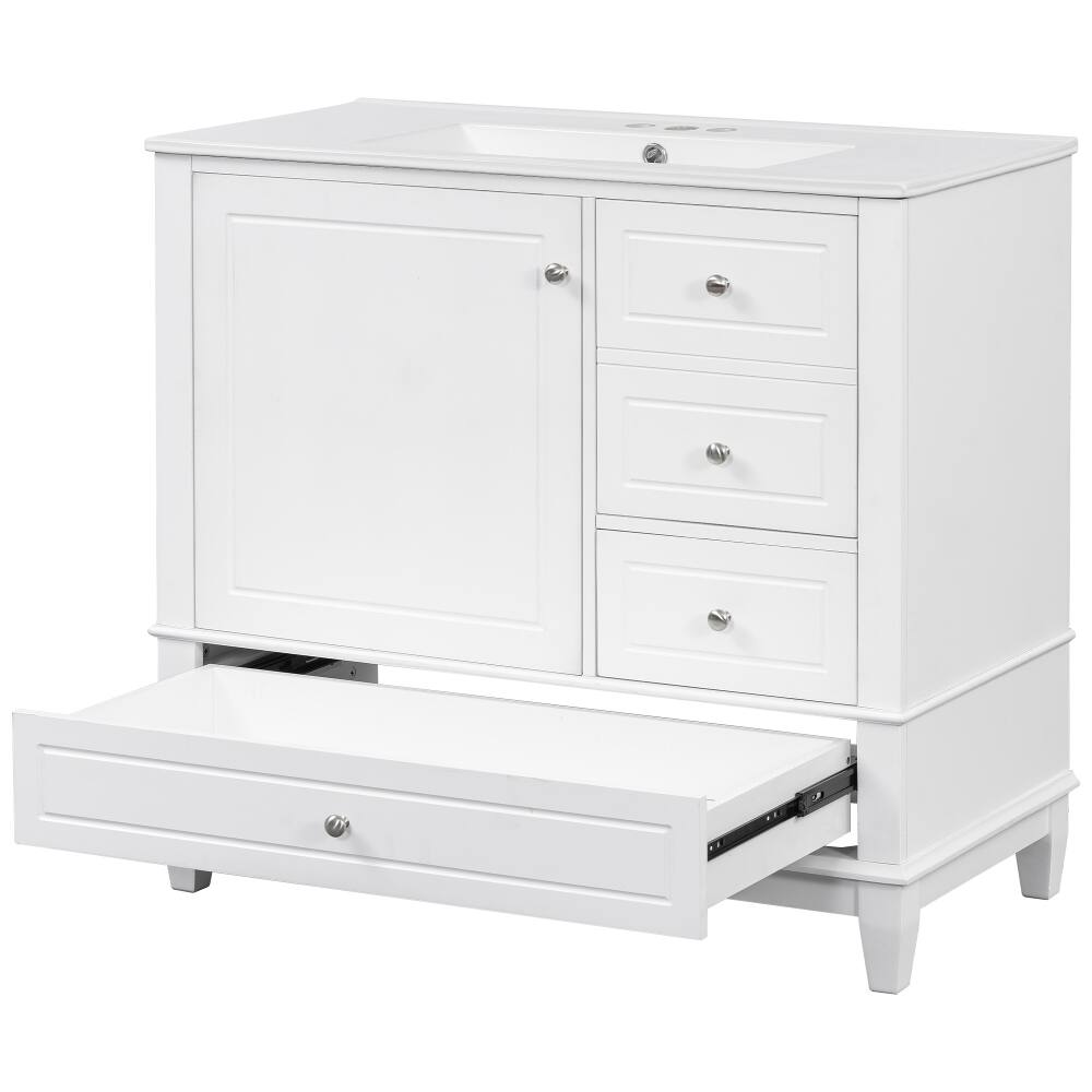 Angle. Loheer - Loheer 36 inch bathroom vanity White Freestanding Cabinet with Ceramic Sink and 3 Drawers - White.