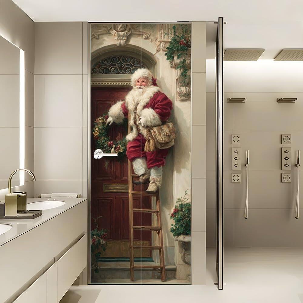 Alt View 3. MOSZAR LLC - Santa Climbing Ladder Door Sticker, 30×78 in, Removable Vinyl Holiday Decor - red.