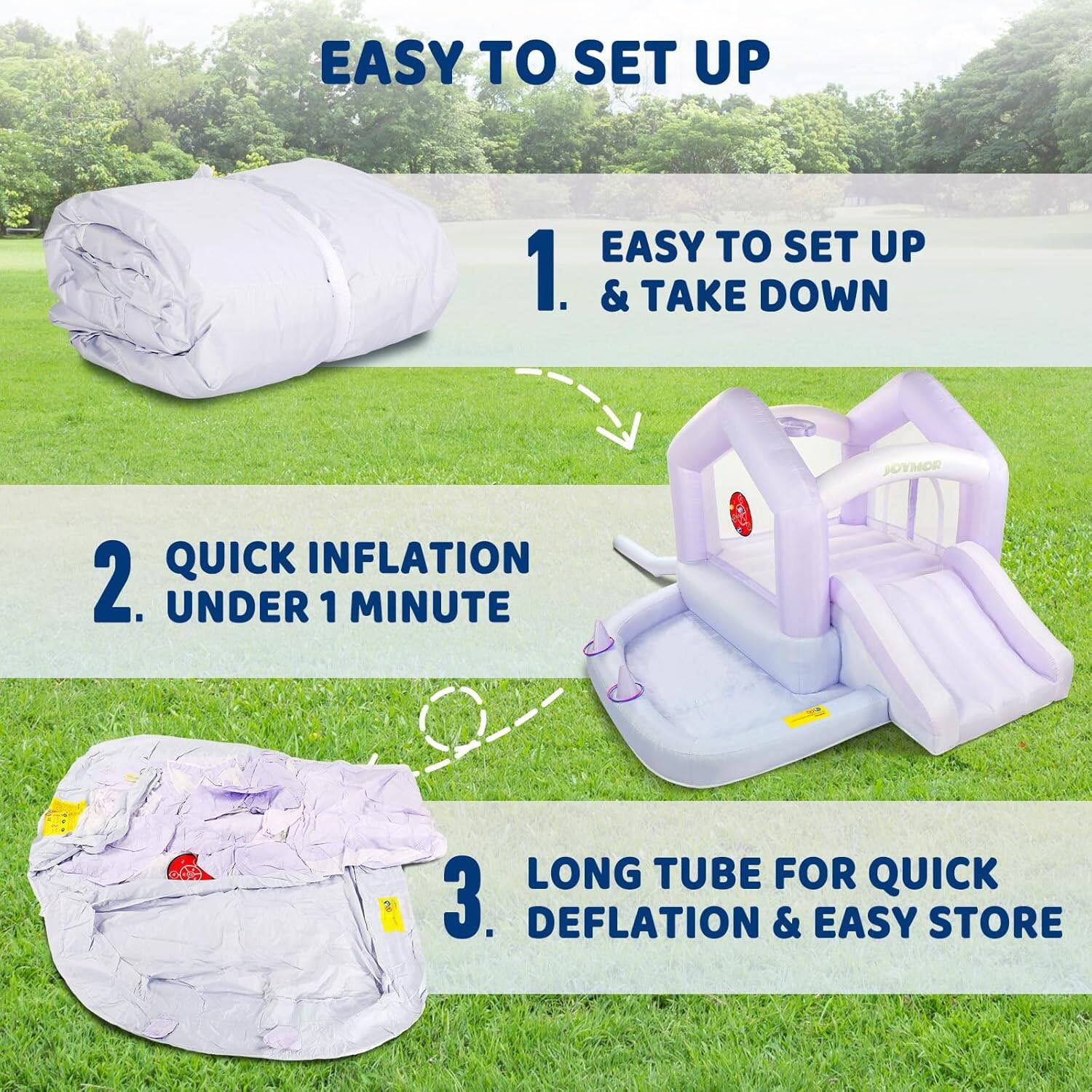 EASY TO SET UP

1. EASY TO SET UP & TAKE DOWN
2. QUICK INFLATION UNDER 1 MINUTE
3. LONG TUBE FOR QUICK DEFLATION & EASY STORE