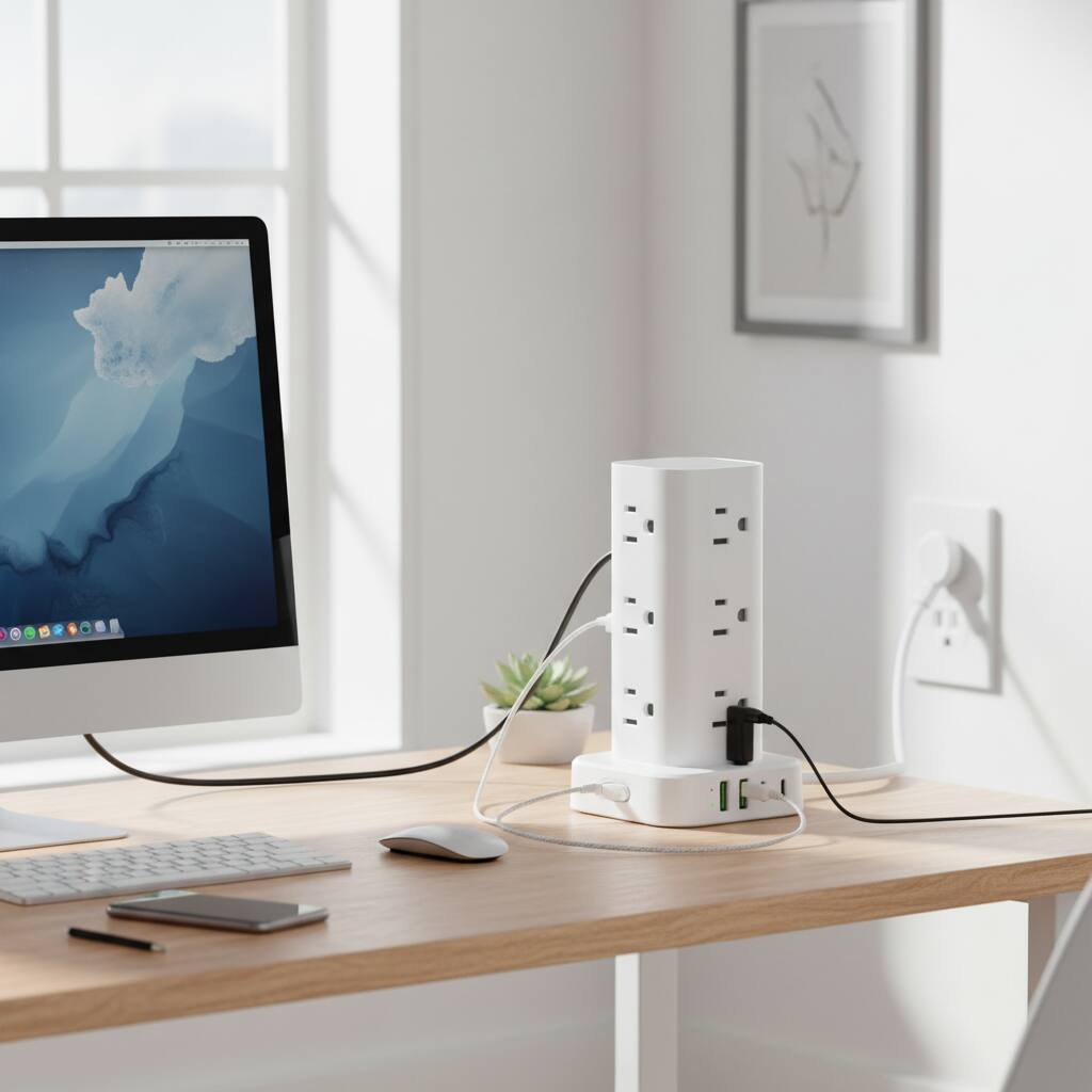 Alt View 1. Dazzed Corner - Tower Surge Protector – 12 AC Outlets, 4 USB, 6Ft Flat Cord - White.