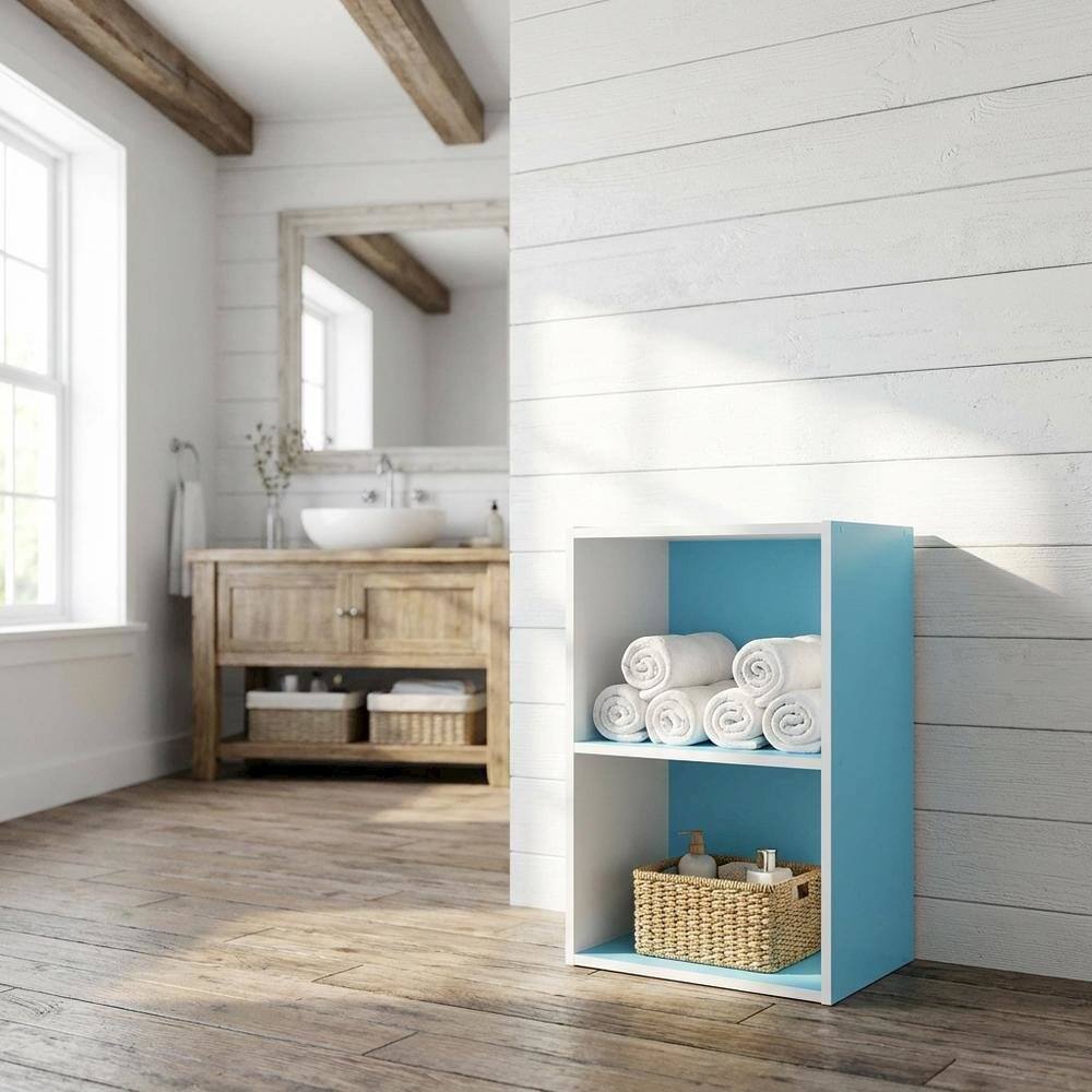 Angle. FurniFact - Light Blue 2-Tier Open Shelf Bookcase with Wooden Construction - Light Blue/White.