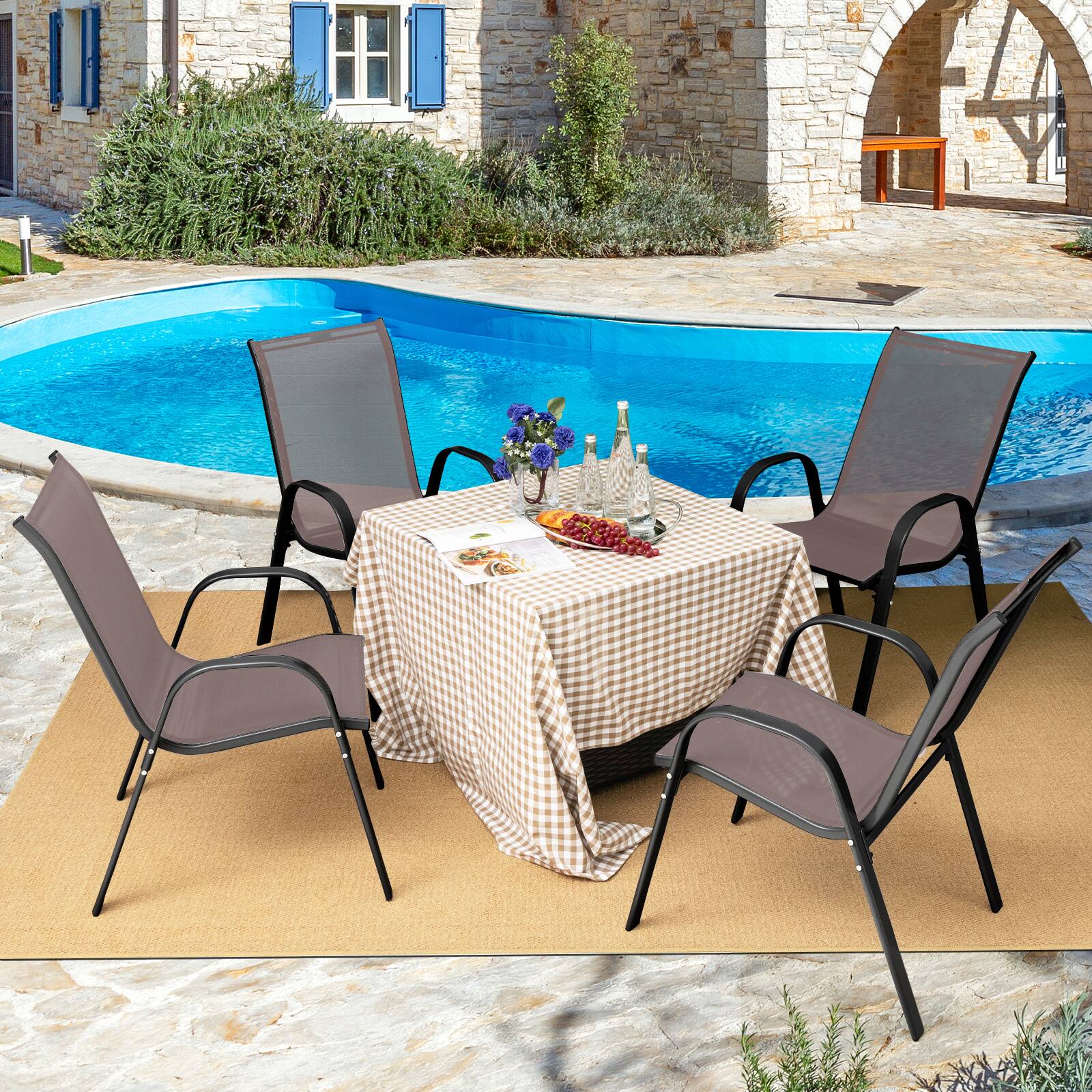 Alt View 1. Costway - Costway Set of 4 Patio Dining Chairs Stackable Armrest Space Saving Garden Brown - Brown, Black.