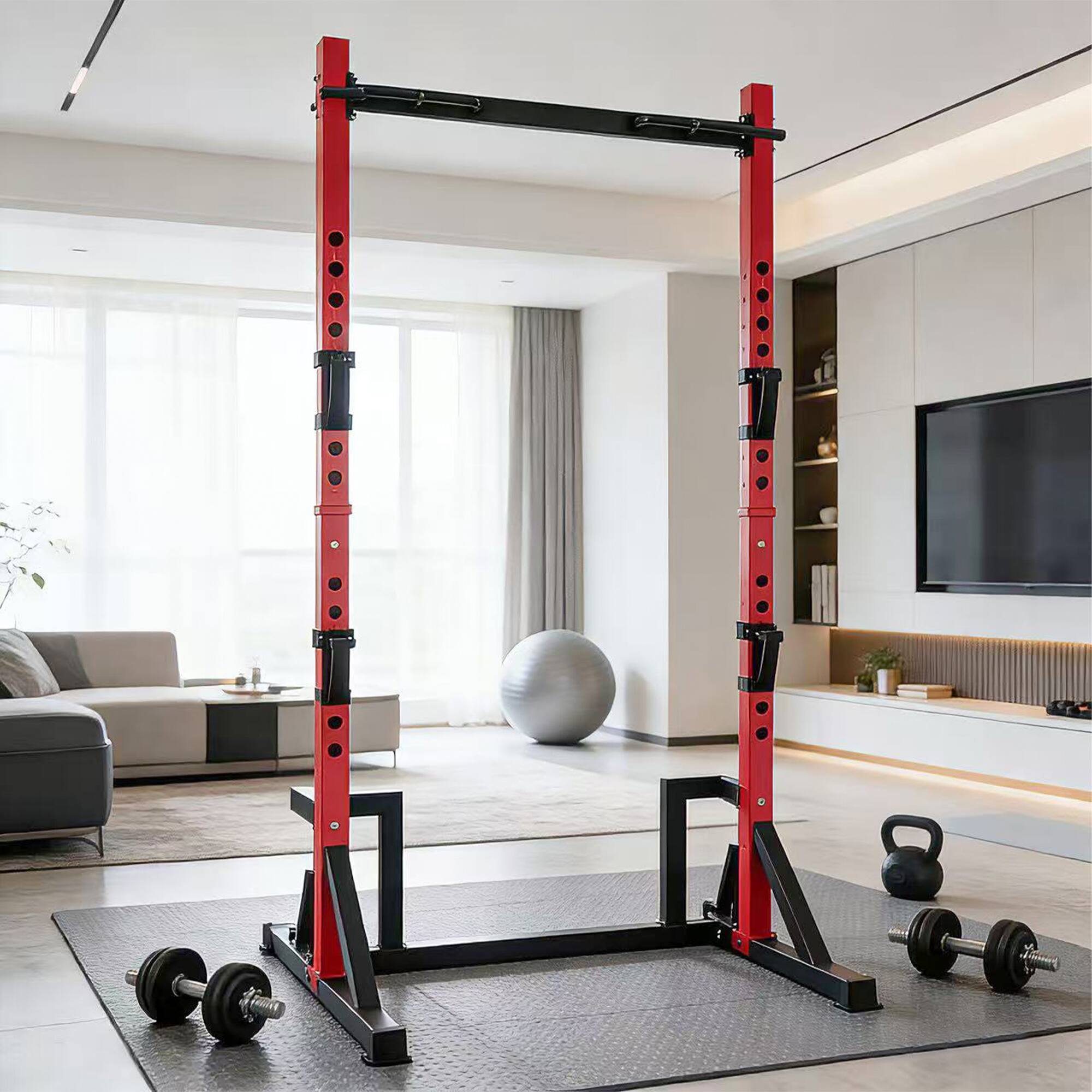 Alt View 3. KERDOM - Height Adjustable Power Rack with Pull up Bar Muscles Trainer, Power Tower Pull Up Dip Station Heavy Capacity 700lbs - Red.
