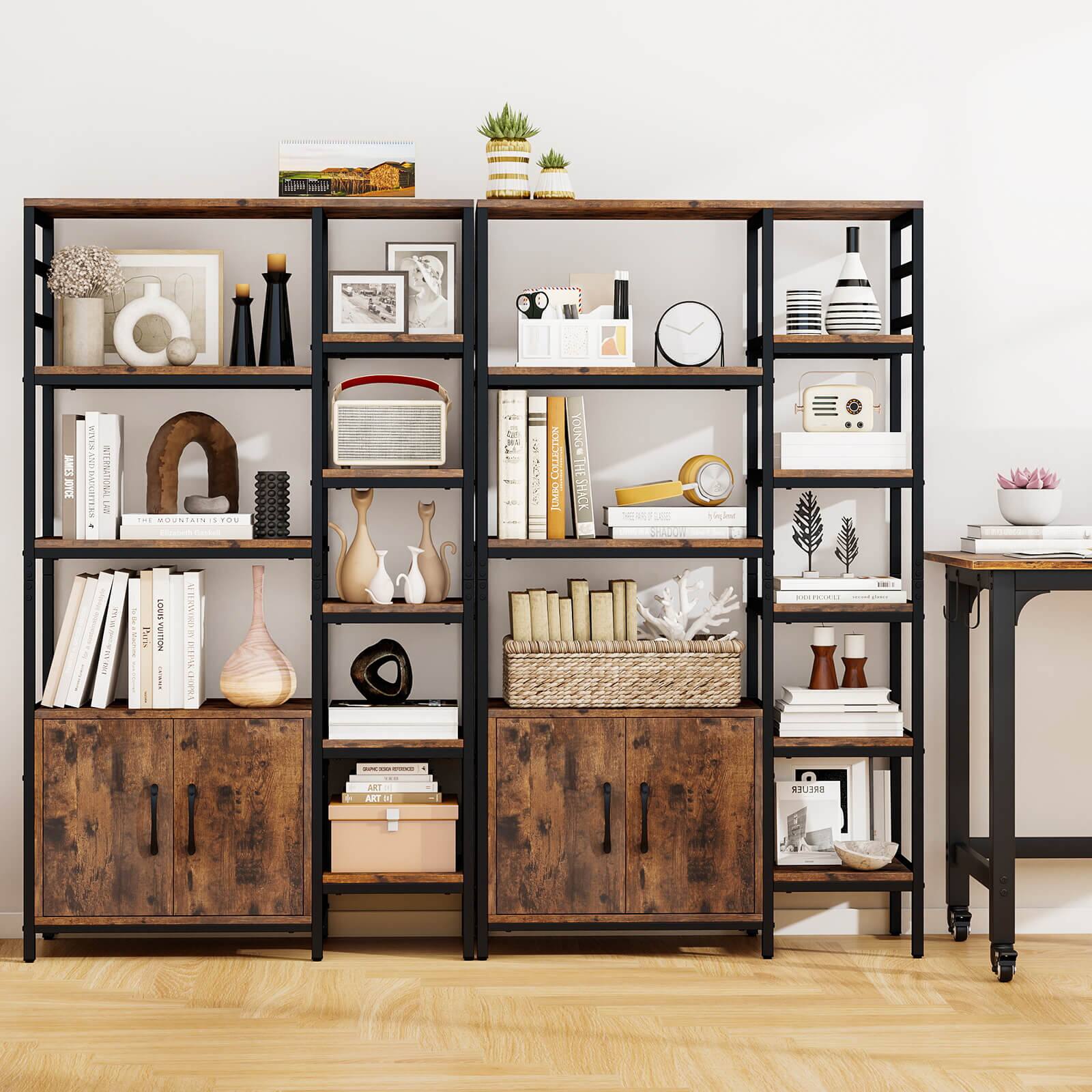 The image features a wooden bookshelf filled with various items, including books, vases, and a potted plant. The bookshelf is situated in a room with wooden floors, and there is a desk nearby. The books are arranged on different shelves, and some are placed horizontally, while others are stacked vertically. The vases come in various sizes and are placed throughout the bookshelf, adding a decorative touch to the space. The potted plant is positioned on top of the bookshelf, bringing a touch of nature to the room.