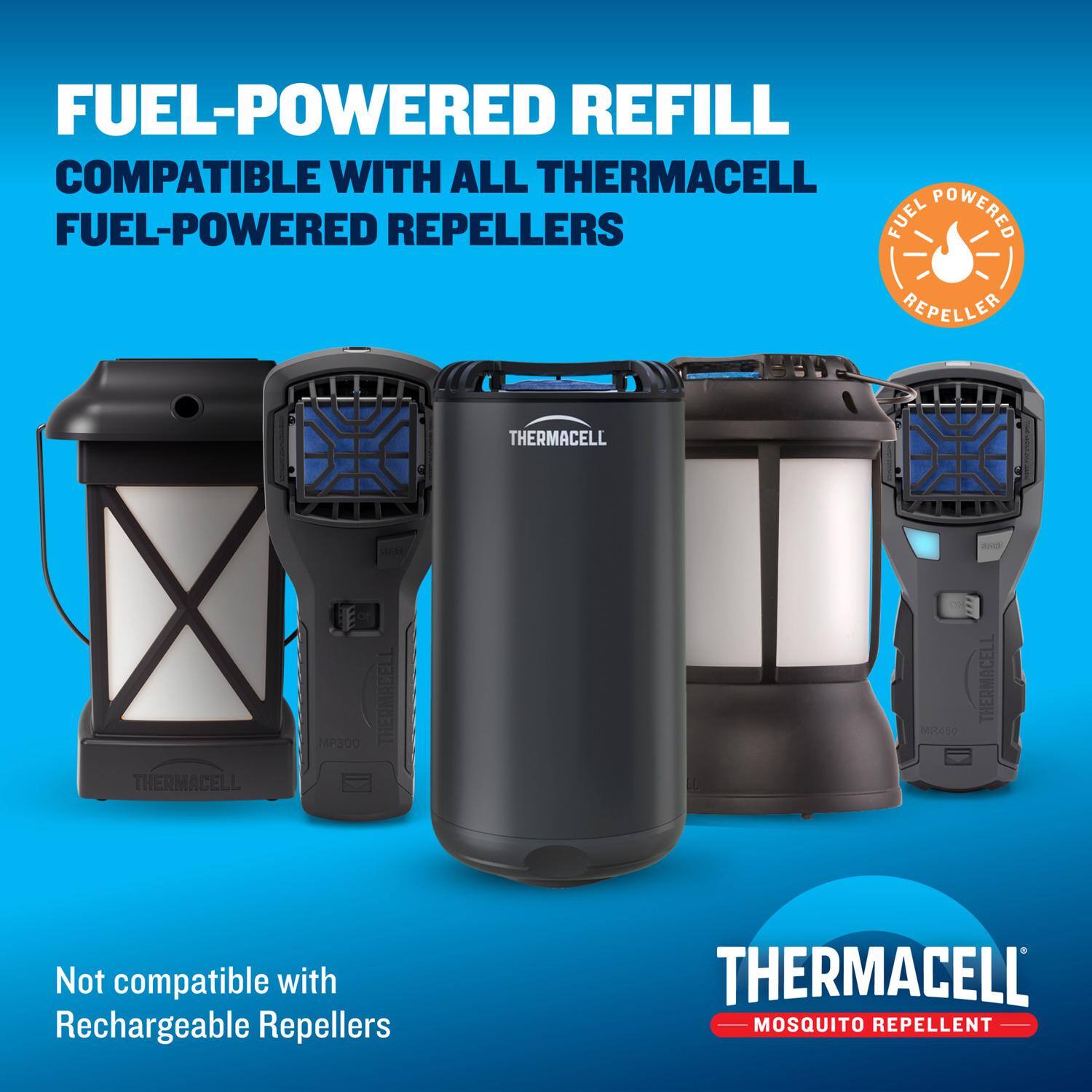FUEL-POWERED REFILL COMPATIBLE WITH ALL THERMACELL FUEL-POWERED REPELLENS

FUEL POWERED REPELLER THERMACELL

THERMACELL HRINO

THERMACELL MITADO

THERMACELL

Not compatible with Rechargeable Repellers

THERMACELL MOSQUITO REPELLENT