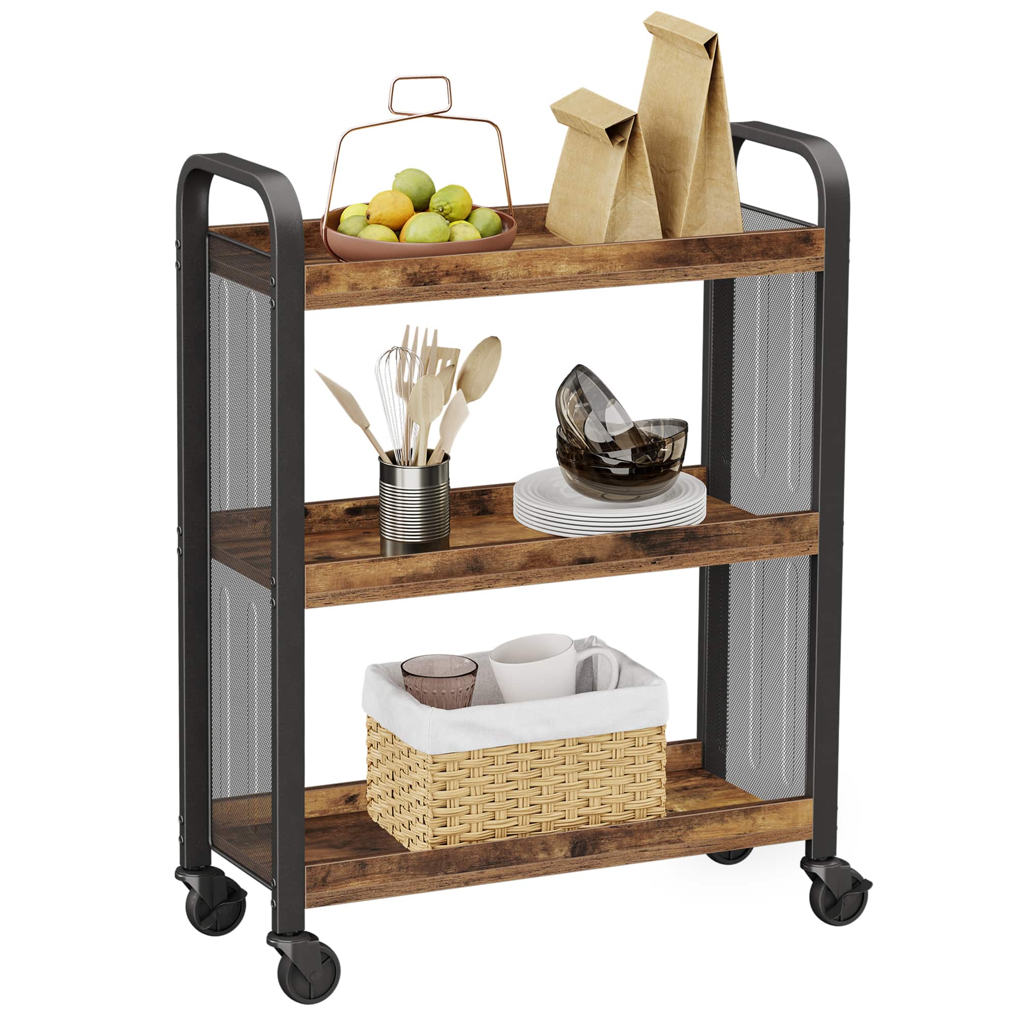 Songmics Home - 3-Tier Narrow Storage Cart, Rolling Cart with Wheels, Steel Frame, Slim Storage Cart for Kitchen, Dining Room - Rustic Brown and