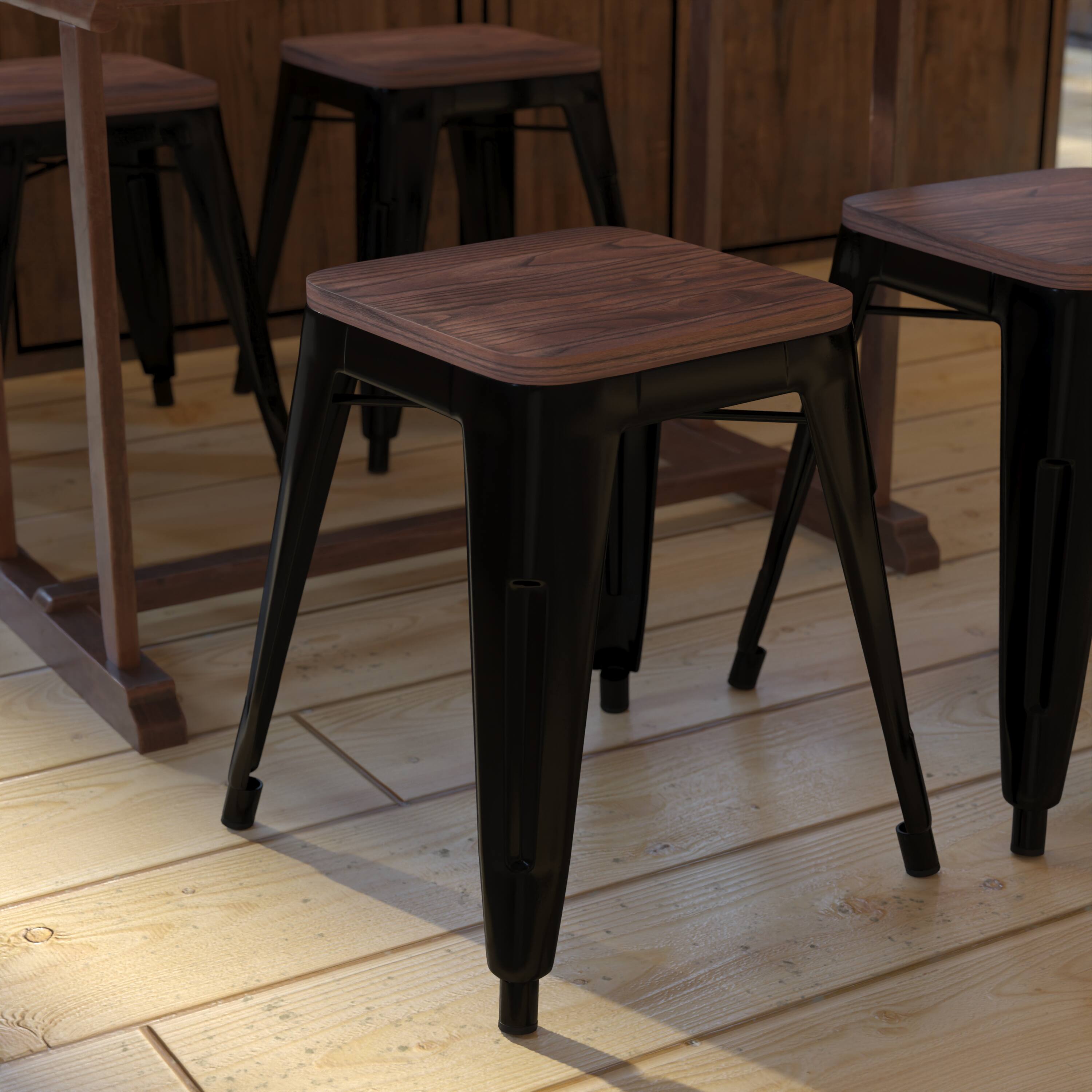 Alt View 2. Flash Furniture - Kai 18" Backless Table Height Stool with Wooden Seat, Stackable Black Metal Indoor Dining Stool, Commercial Grade - Set - Black.