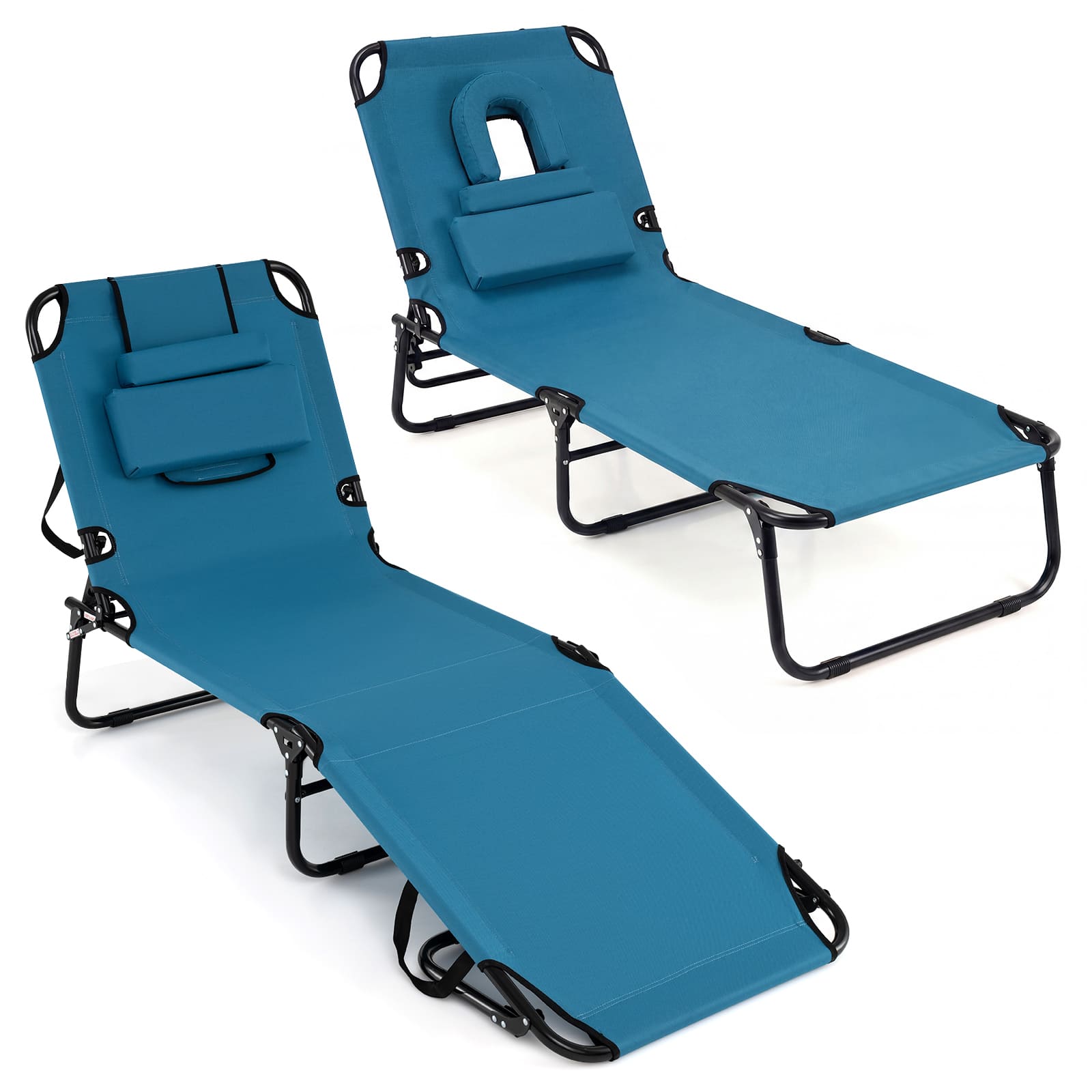 Costway - 2 PCS Beach Chaise Lounge Chair with Face Hole Pillows & Adjustable Backrest - Blue
