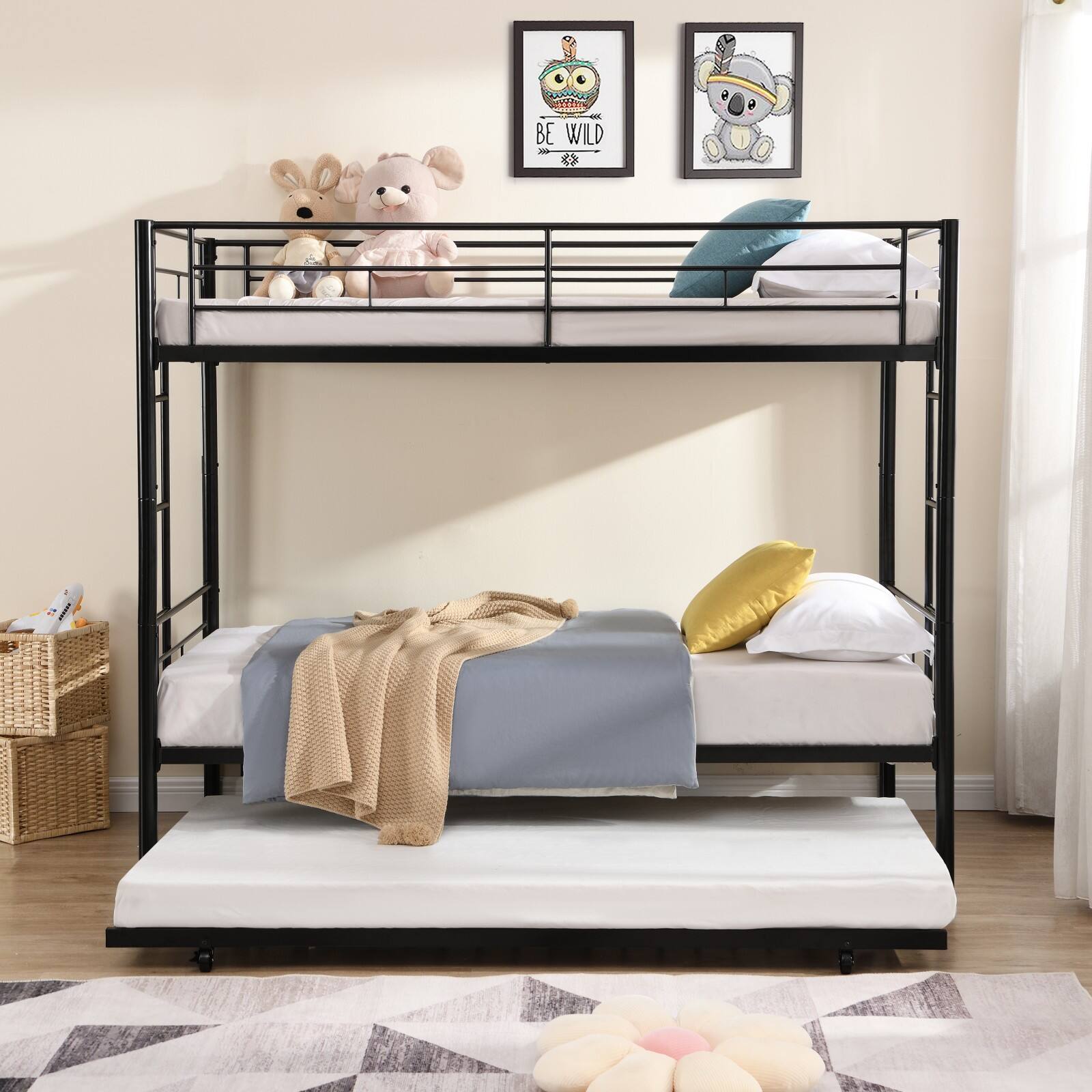 Alt View 4. Ecooso - Twin Over Twin  Metal  Bunk Bed with trundle - Black.