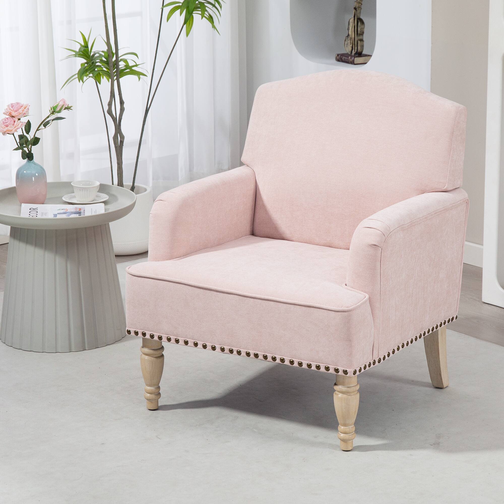 Front. APRILSOUL - Modern Accent Chair Retro Wooden Legs Upholstered Armchair Bedroom Living Room Single Sofa - Pink.