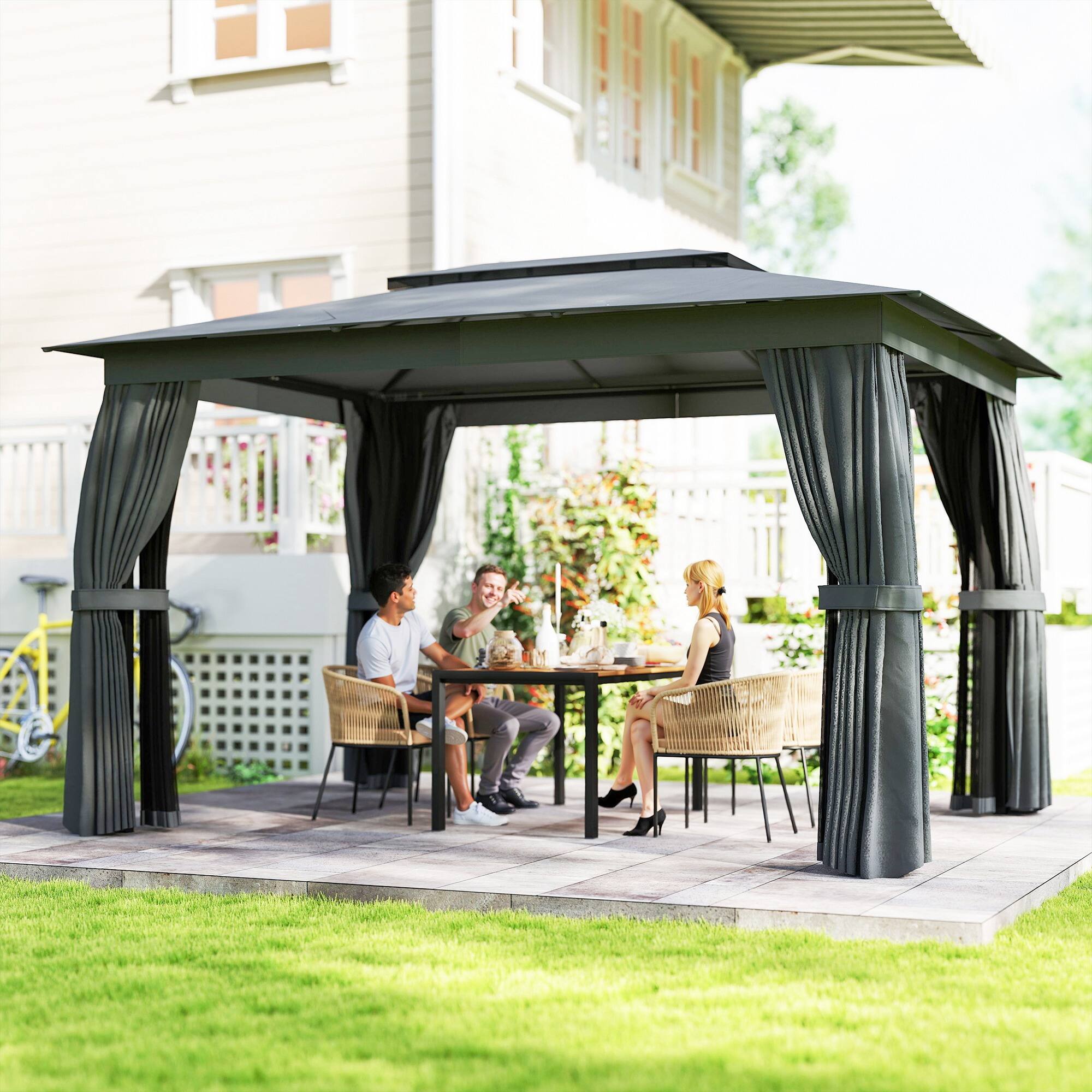 Alt View 1. Outsunny - 10' x 12' Outdoor Patio Gazebo, Soft Top Gazebo Canopy Shelter with Double Roof, Curtains, Netting, Steel Frame.