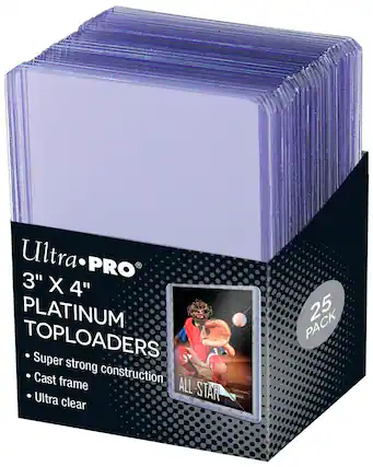 UltraPRO Ultra PRO 3" x 4" Platinum Toploaders are super strong and feature a cast frame construction. They come in a 25-pack and are made of Ultra All-Star clear material.