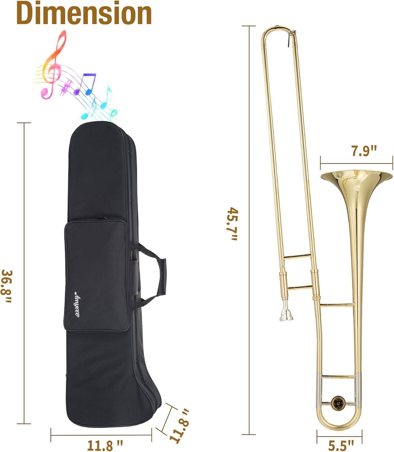 Dimension  
- Length: 45.7"  
- Width: 11.8"  
- Height: 36.8"  
- Trumpet Bell Diameter: 7.9"  
- Trumpet Valve Area: 5.5"