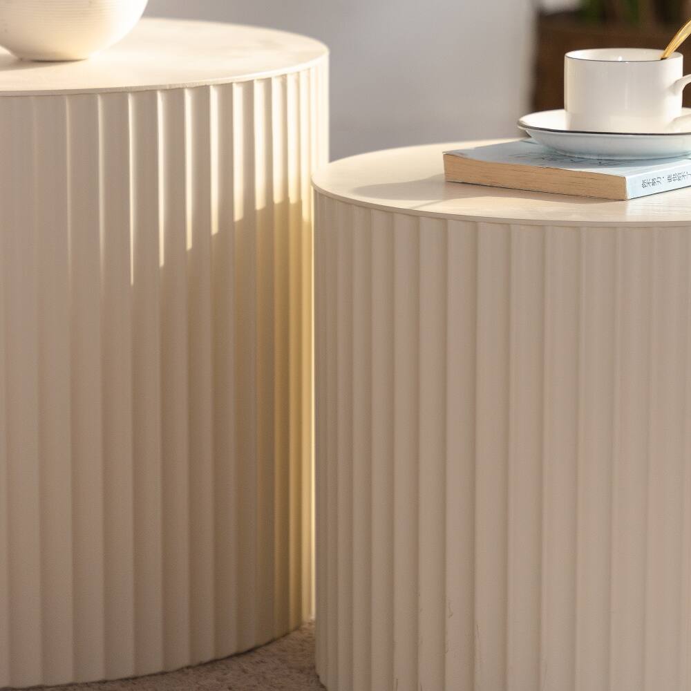 Alt View 3. Loheer - Loheer Beige Nesting Coffee Table Set of 2 Modern Drum Side Table Wave Stripe Round End Table for Living Room - Beige.