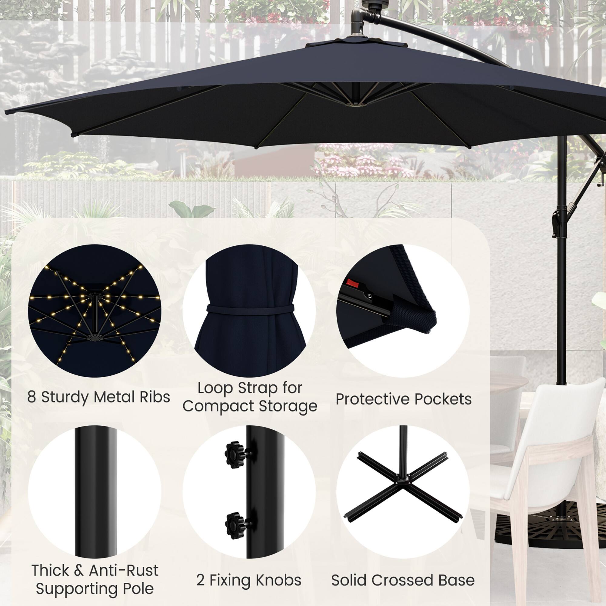 The image shows a black umbrella with a loop strap for 8 sturdy metal ribs, protective pockets, compact storage, thick & anti-rust supporting pole, and 2 fixing knobs. The umbrella is set up in a backyard with a dining table and chairs nearby.
