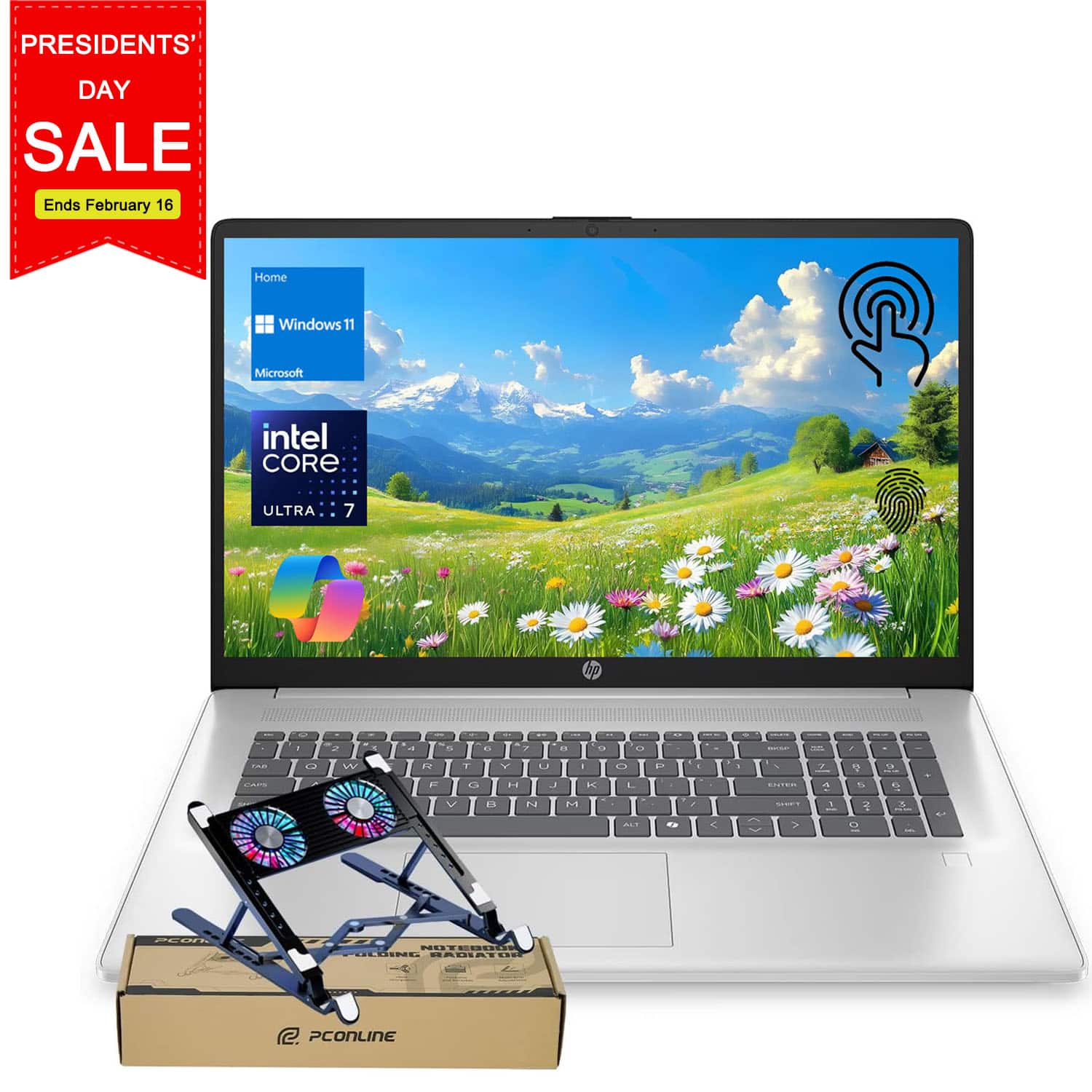 HP - 17.3" HD+ Touchscreen Laptop - Intel Core Ultra 7 255U - 64GB RAM - 2TB SSD - FP Reader & Copilot - PCO Laptop cooler - Silver