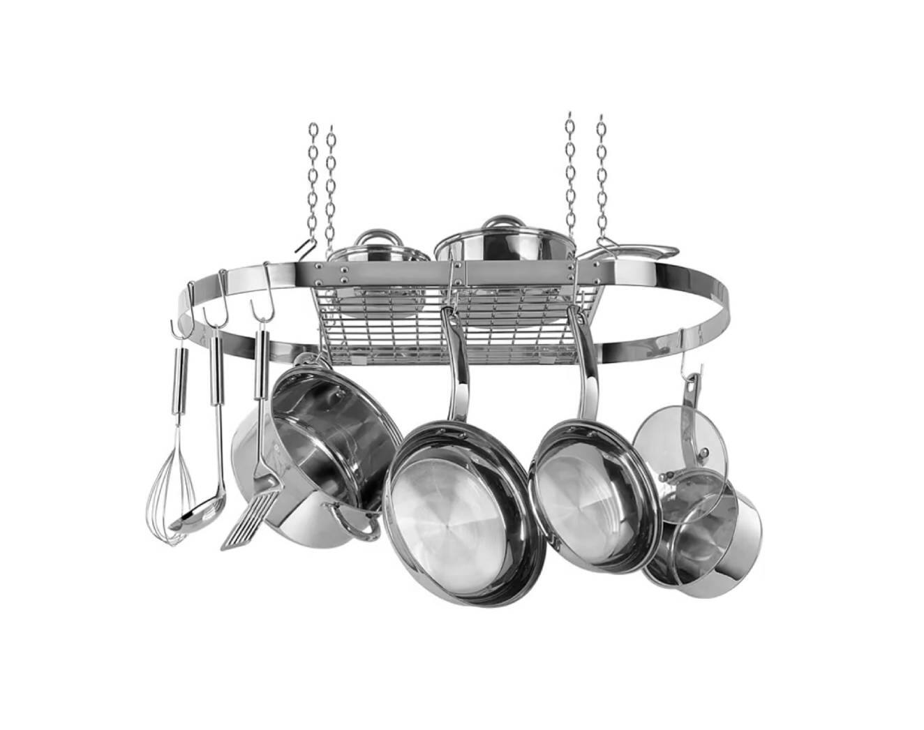 Front. SlickBlue - Ceiling-Mounted Oval Stainless Steel Pot Rack for Modern Kitchens - Silver.
