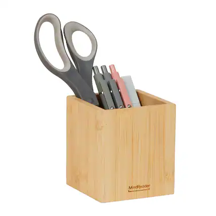 Front. Mind Reader - Pen Cup, Accessory Holder, Desktop Organization, Office, Bamboo - Brown.
