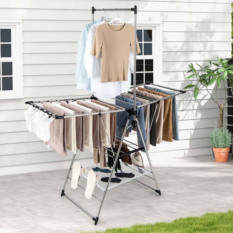Costway 2 Layer Stainless Steel Foldable Drying Rack w/ Hanging Bar & 2 ...