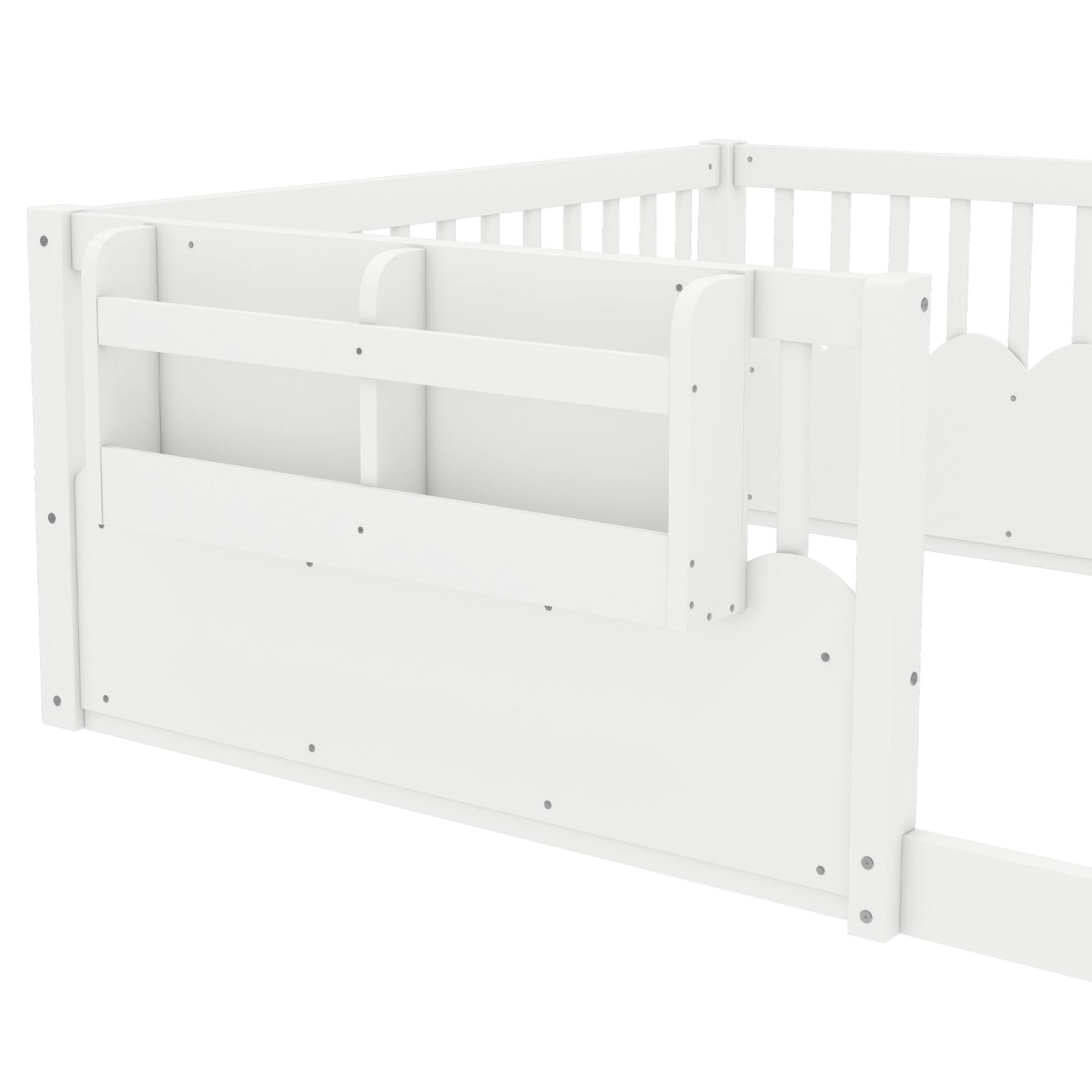 Alt View 6. GOODSILO - Full Size Low Profile Safety Floor Bed with Built-In Bookshelf for Children's Room - White.