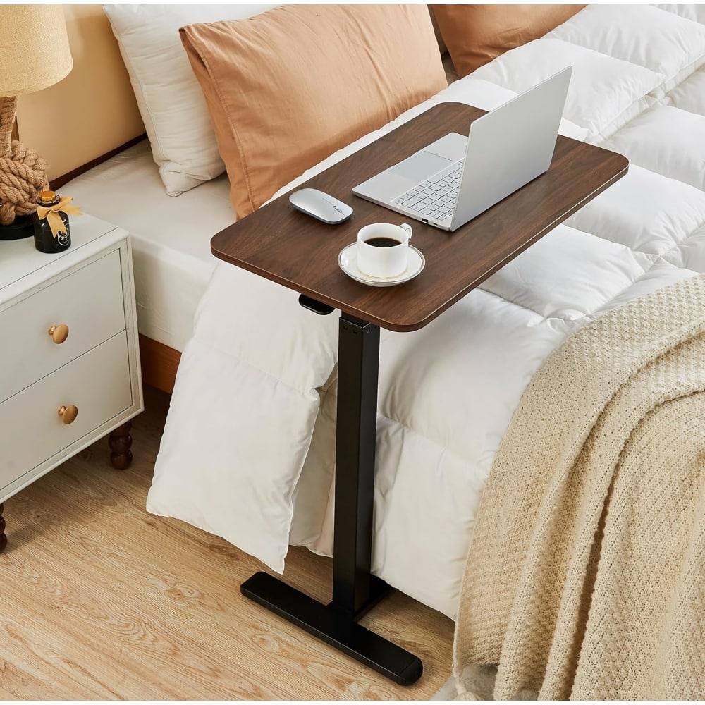 ZUQIETA - Adjustable Overbed Table - Medical & Home Use with Hidden Wheels, 28"x16" Walnut Brown - Walnut Brown Fixed