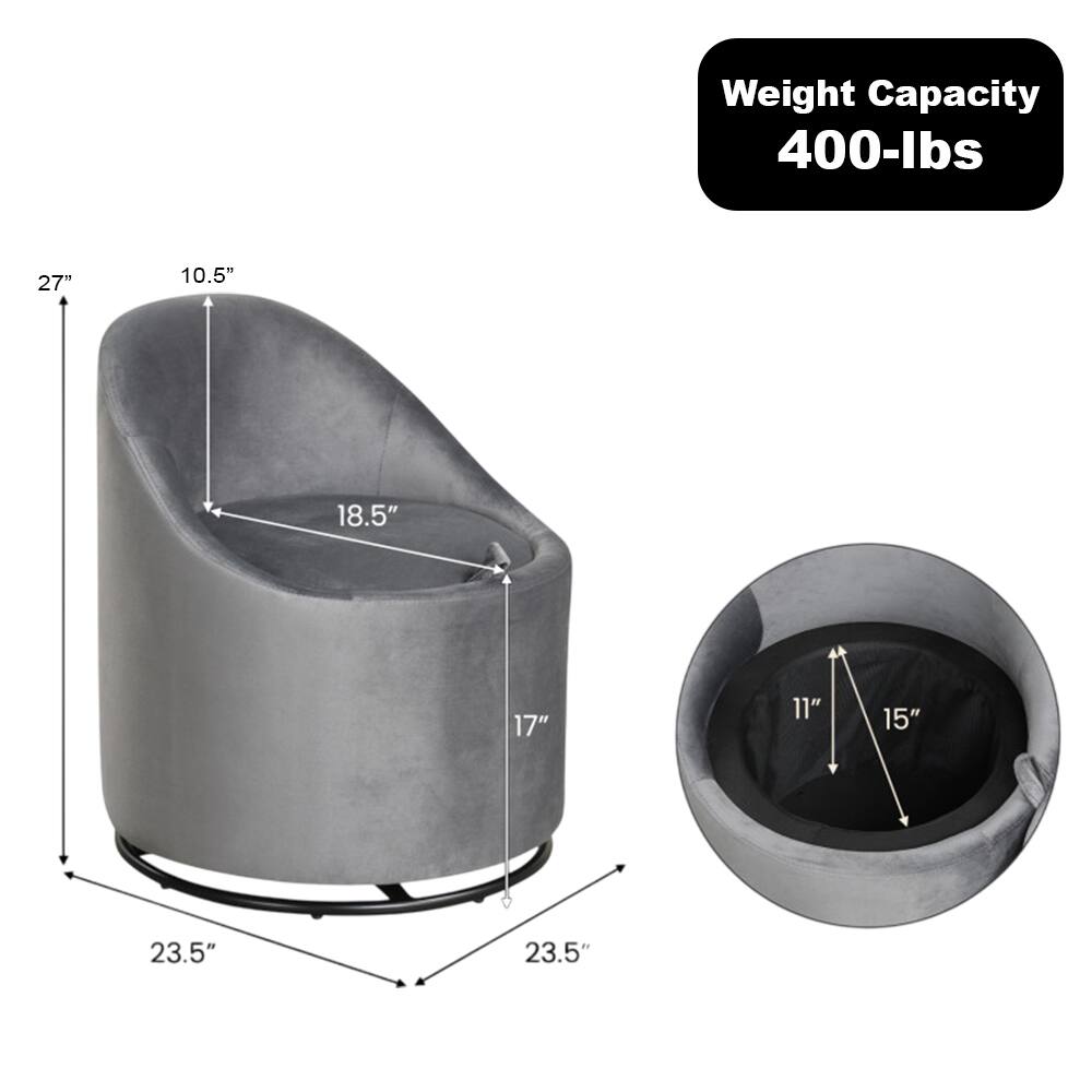 Weight Capacity: 400-lbs

Dimensions:
- Height: 27"
- Width: 23.5"
- Depth: 23.5"
- Seat Height: 17"
- Seat Width: 18.5"
- Seat Depth: 10.5"
- Inner Diameter: 15"
- Inner Depth: 11"