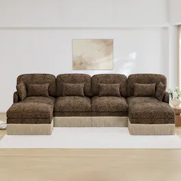 Anysun - 131" Modern Chenille Leopard U-Shaped Sofa - Tassel Edge, Movable Ottomans, Ergonomic, Easy Assembly, Deep Seat - Brown