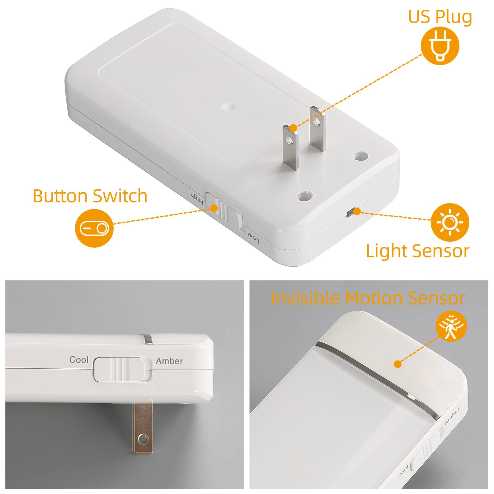 US Plug Button Switch High GY Light Sensor Invisible Motion Sensor Cool Amber