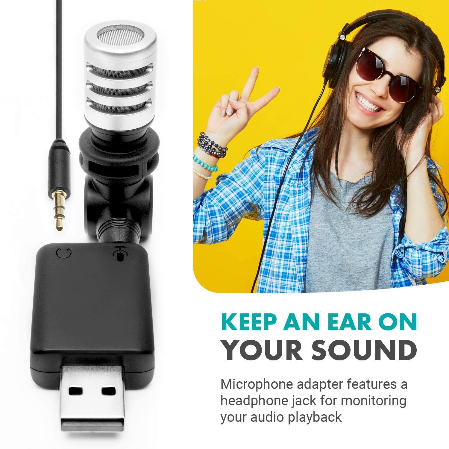 KEEP AN EAR ON YOUR SOUND

Microphone adapter features a headphone jack for monitoring your audio playback