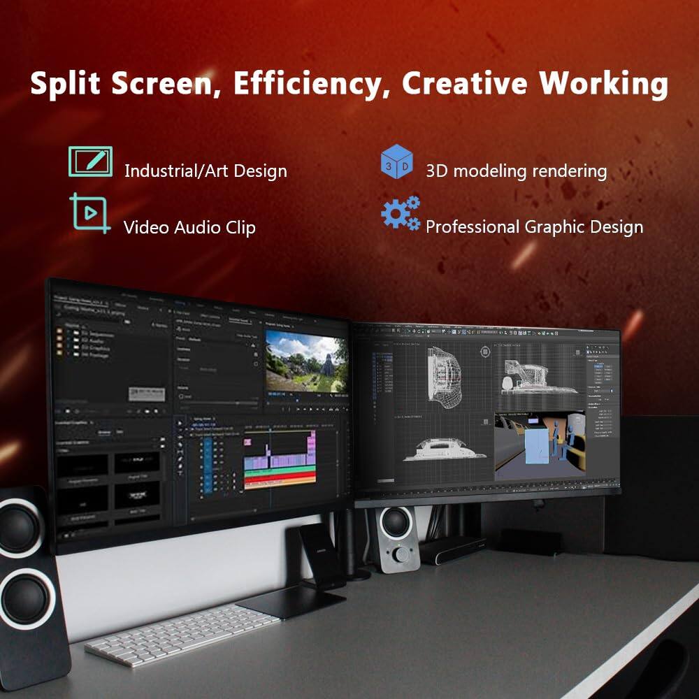 Split Screen, Efficiency, Creative Working

- Industrial/Art Design
- Video Audio Clip
- 3D modeling rendering
- Professional Graphic Design