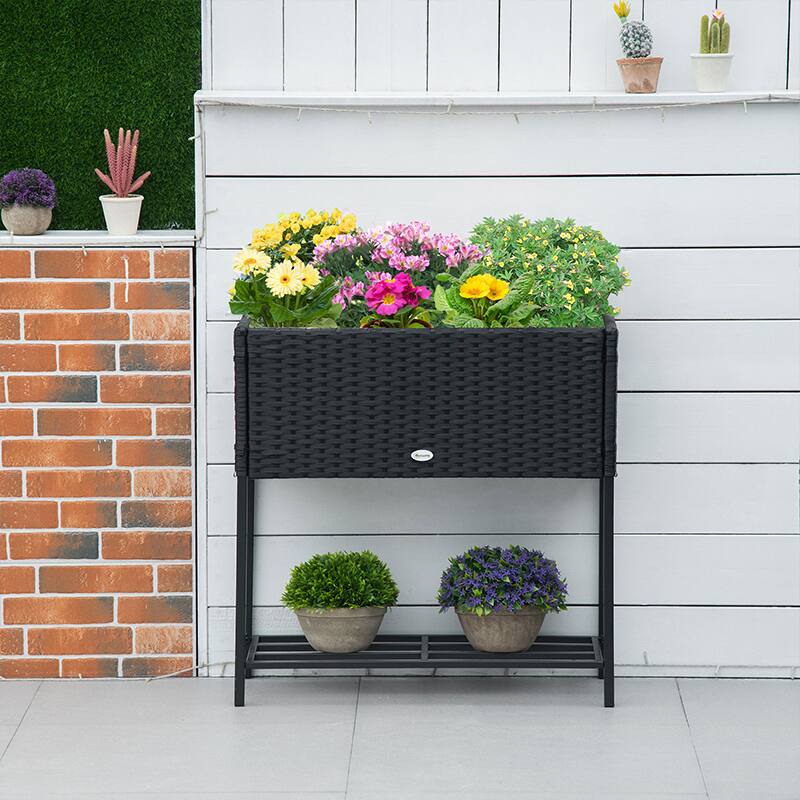 Alt View 1. Outsunny - PE Rattan Wicker Raised Flower & Vegetable Planter - Black.